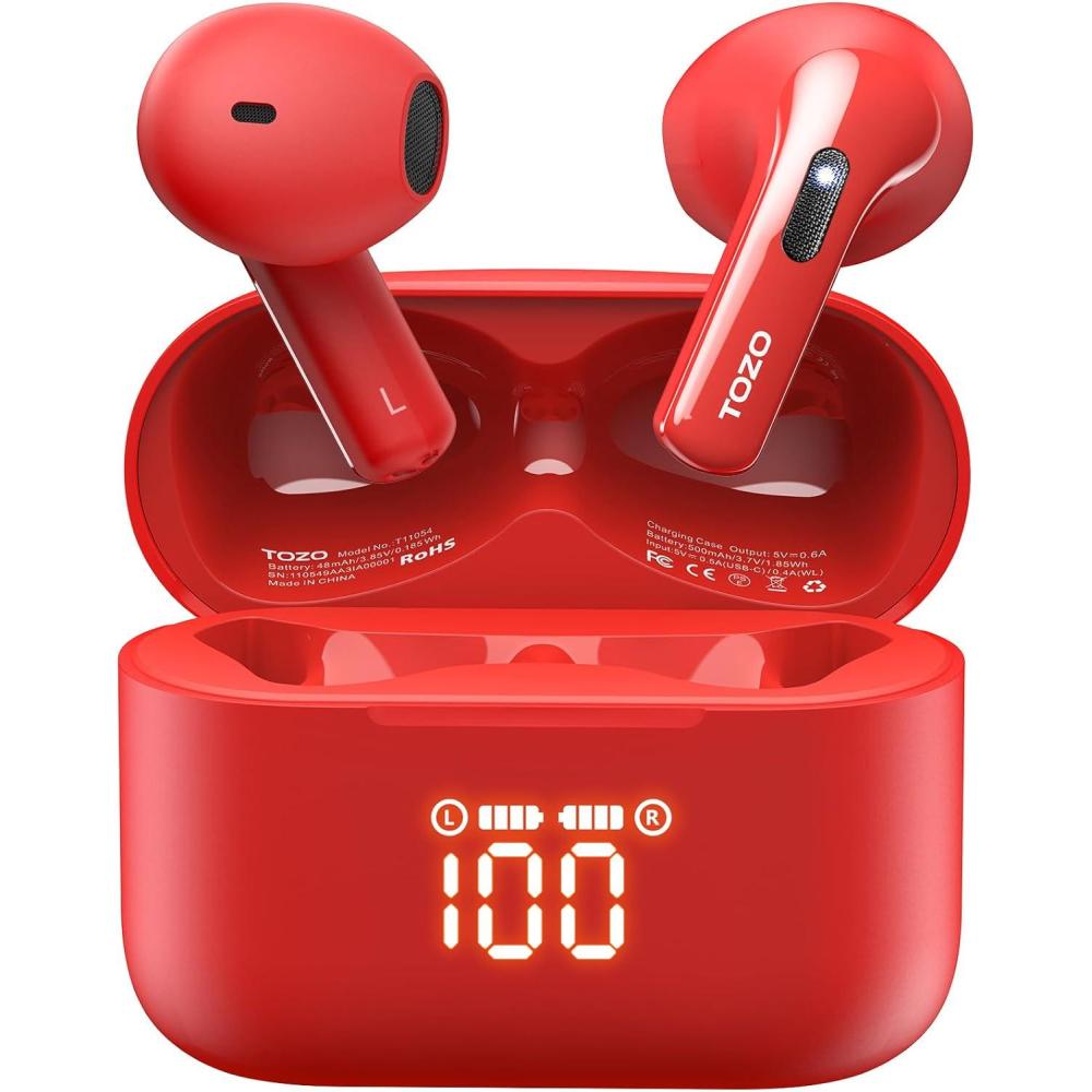 imageTOZO T21 Wireless Earbuds Bluetooth 53 in Ear Headphones Dual Mic Call Noise Cancelling IPX8 Waterproof 44H Playback Stereo Sound with LED Display Wireless Charging Case 32 EQs via APP BlackRed