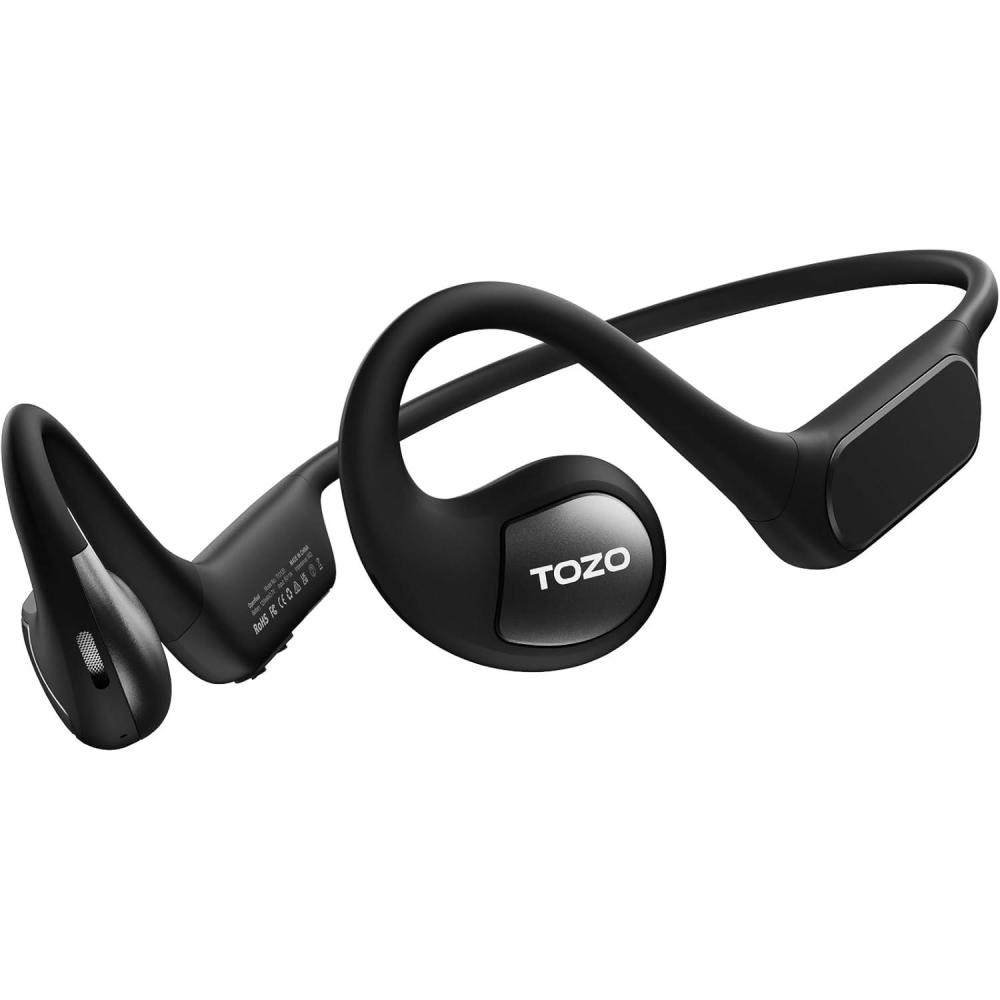 imageTOZO Upgraded Open Ear Headphones Bluetooth 53 Air Conduction Wireless Headphones Sport Earbuds with Premium Sound 32 EQs via APP DualMic Call Noise Reduction Earphones with Hair Band for CyclingDark Black