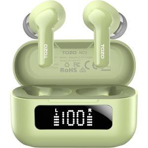 TOZO NC3 Hybrid Active Noise Cancelling Wireless Earbuds with 6 Mics AI Clear Call Ear Buds 55H Playtime with LED Display 32 Preset EQs via APP Bluetooth 5.3 IPX8 Waterproof in Ear Headphones(Light Green)