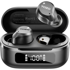 TOZO NC9 Hybrid Active Noise Cancelling Wireless Earbuds, 6 Mics ENC Clear Call, IPX8 Waterproof, in Ear Bluetooth 5.3 Headphones Stereo Bass Ear Buds 59H Playtime with LED Display 32 EQs via APP(Dark Black)
