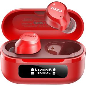 TOZO NC9 Hybrid Active Noise Cancelling Wireless Earbuds, 6 Mics ENC Clear Call, IPX8 Waterproof, in Ear Bluetooth 5.3 Headphones Stereo Bass Ear Buds 59H Playtime with LED Display 32 EQs via APP(Red)