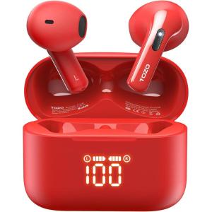 TOZO T21 Wireless Earbuds Bluetooth 5.3 in Ear Headphones Dual Mic Call Noise Cancelling IPX8 Waterproof 44H Playback Stereo Sound with LED Display Wireless Charging Case 32 EQs via APP Black(Red)