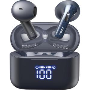 TOZO T21 Wireless Earbuds Bluetooth 5.3 in Ear Headphones Dual Mic Call Noise Cancelling IPX8 Waterproof 44H Playback Stereo Sound with LED Display Wireless Charging Case 32 EQs via APP Black(Blue)