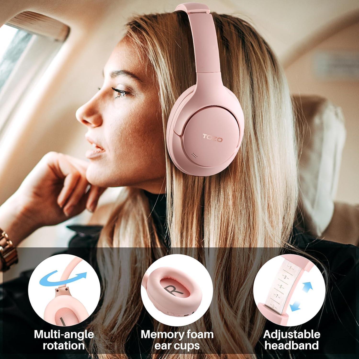 imageTOZO Hybrid Active Noise Cancelling Headphones Wireless Over Ear Bluetooth Headset 60H Playtime HiRes Audio Custom EQ via App Deep Bass Comfort Fit Ear Cups for Home Office Travel Pink