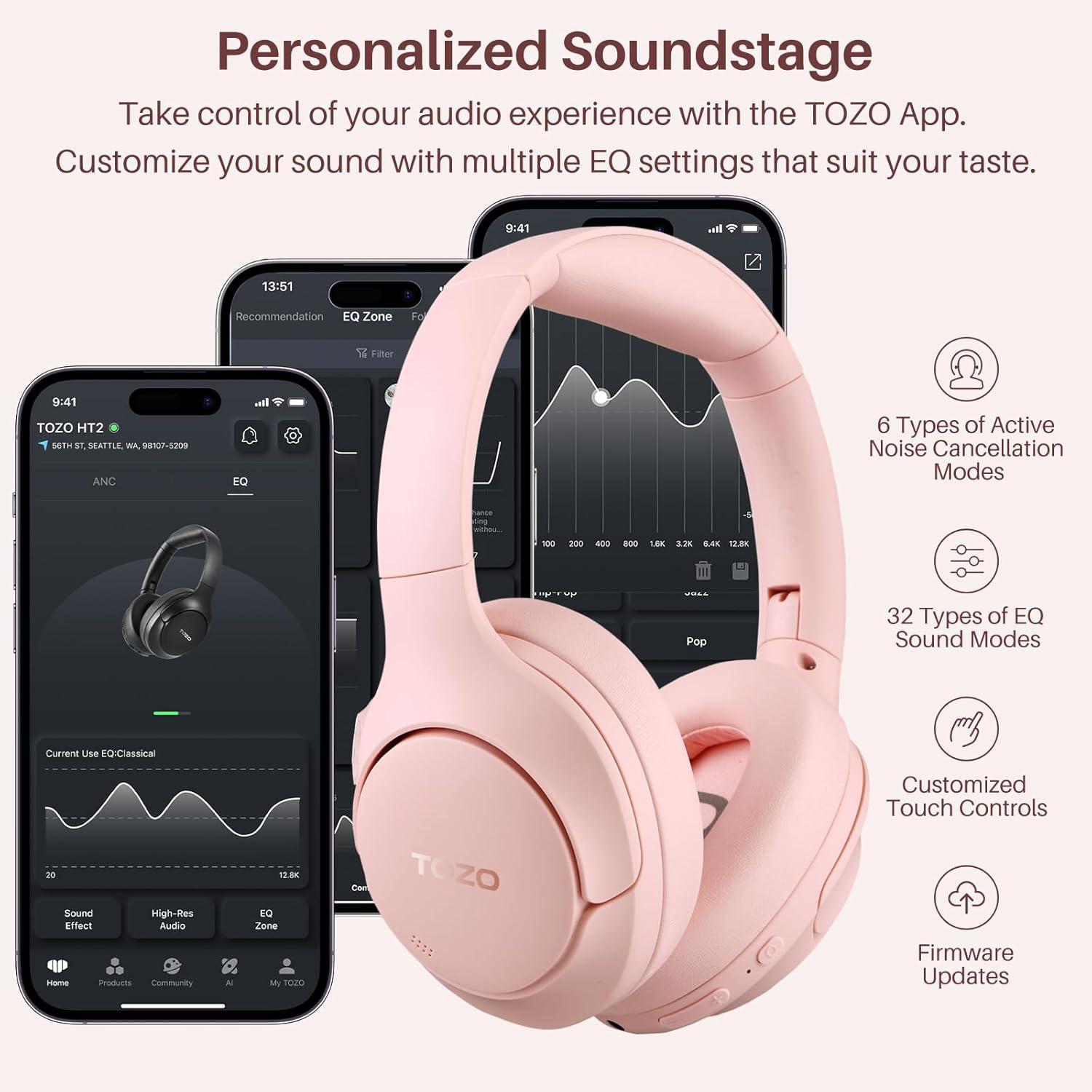 imageTOZO Hybrid Active Noise Cancelling Headphones Wireless Over Ear Bluetooth Headset 60H Playtime HiRes Audio Custom EQ via App Deep Bass Comfort Fit Ear Cups for Home Office Travel Pink