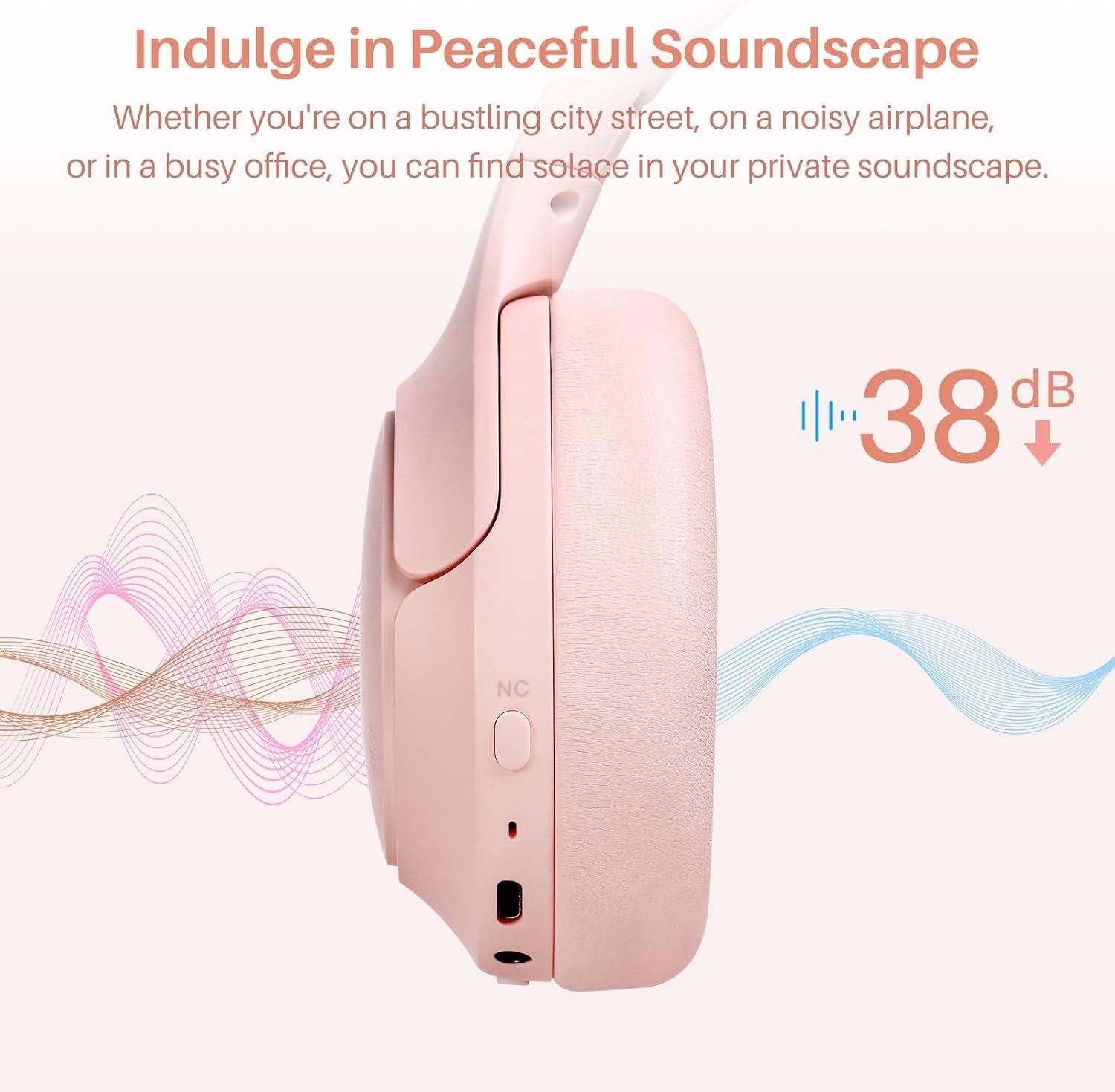 imageTOZO Hybrid Active Noise Cancelling Headphones Wireless Over Ear Bluetooth Headset 60H Playtime HiRes Audio Custom EQ via App Deep Bass Comfort Fit Ear Cups for Home Office Travel Pink