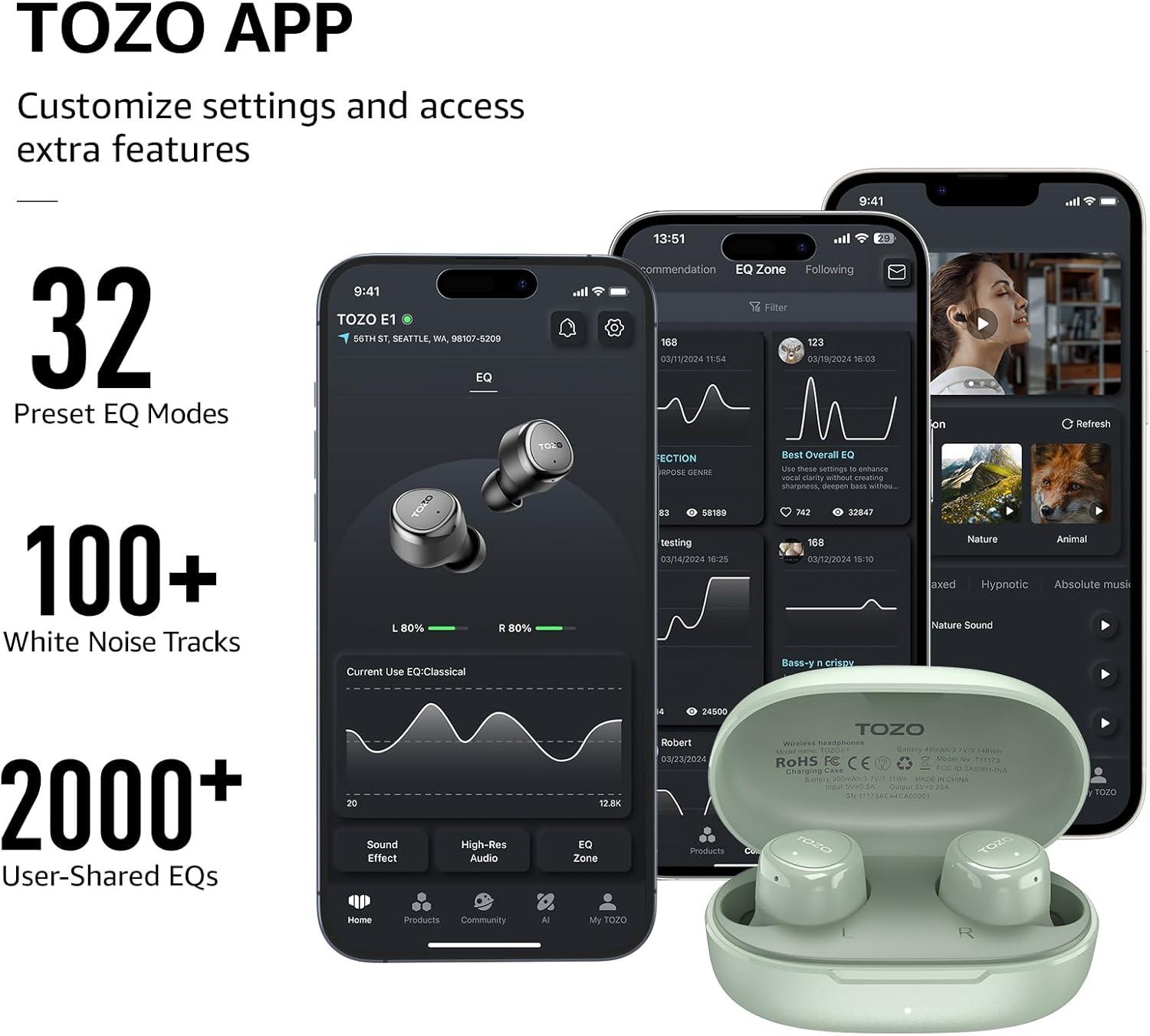 imageTOZO T12 Wireless Earbuds Bluetooth 53 Headphones Call ENC Noise Cancelling Mic 55Hrs Playtime App Customize EQ IPX8 Waterproof LED Digital Display Premium Sound HeadsetLight Green