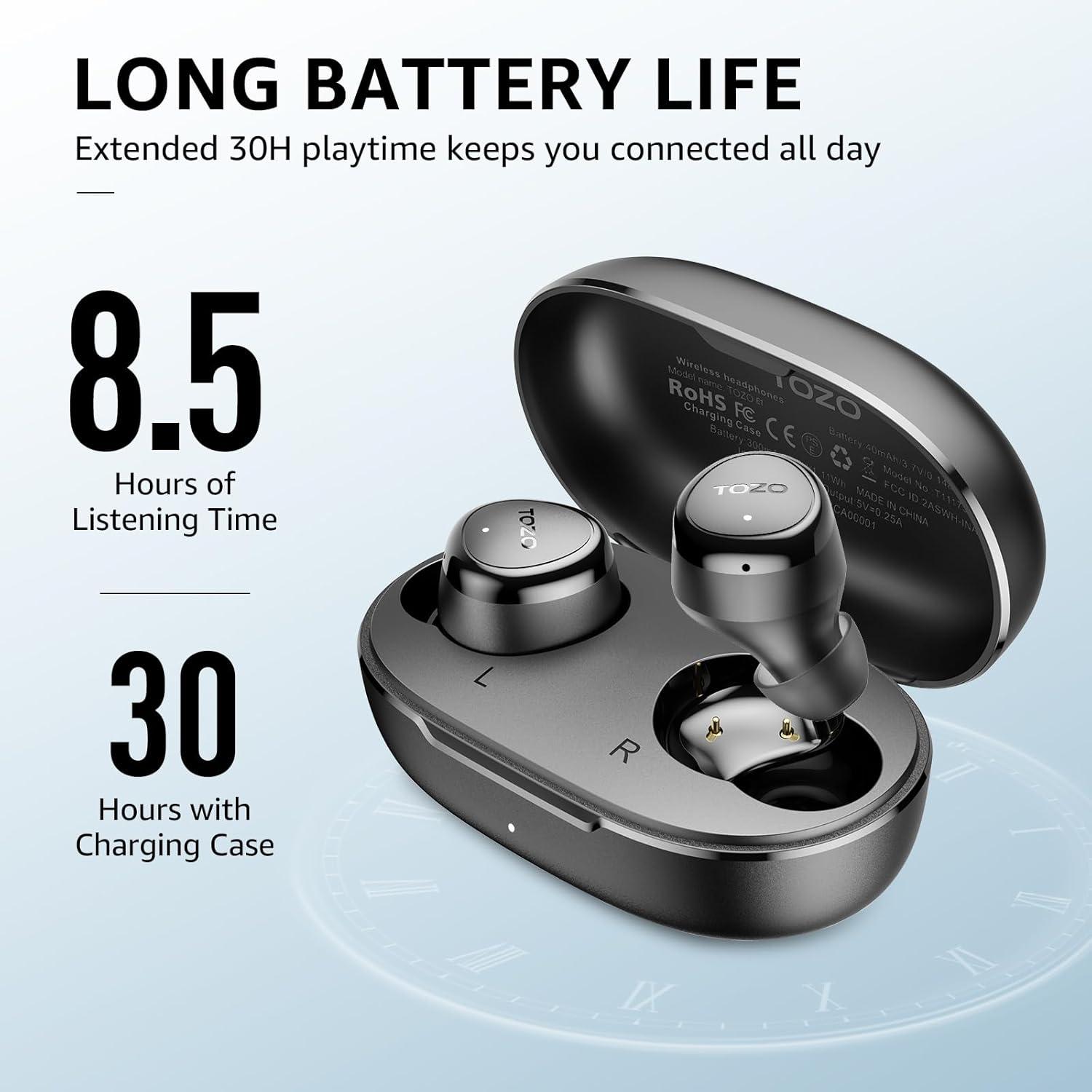 imageTOZO T12 Wireless Earbuds Bluetooth 53 Headphones Call ENC Noise Cancelling Mic 55Hrs Playtime App Customize EQ IPX8 Waterproof LED Digital Display Premium Sound HeadsetDark Black