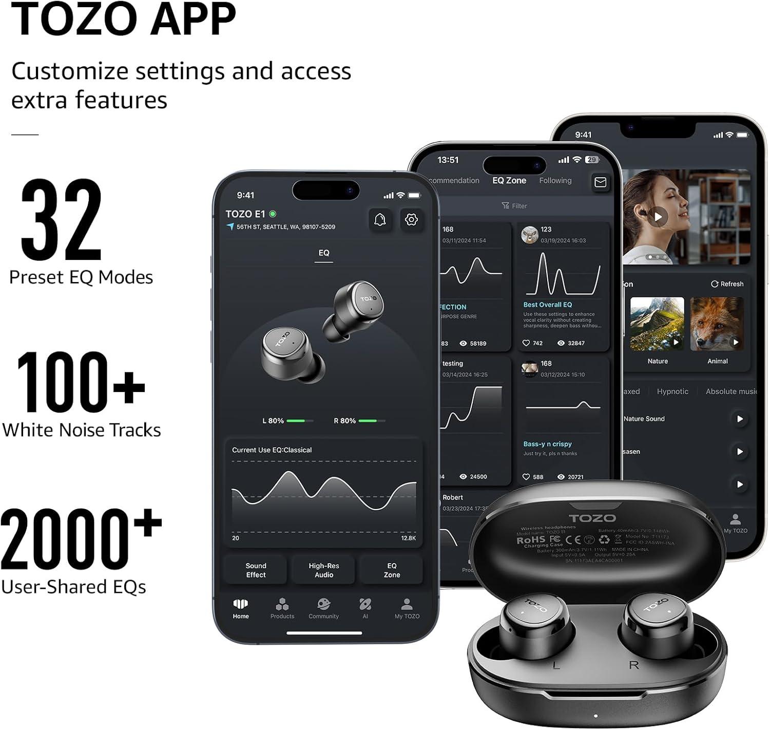 imageTOZO T12 Wireless Earbuds Bluetooth 53 Headphones Call ENC Noise Cancelling Mic 55Hrs Playtime App Customize EQ IPX8 Waterproof LED Digital Display Premium Sound HeadsetDark Black