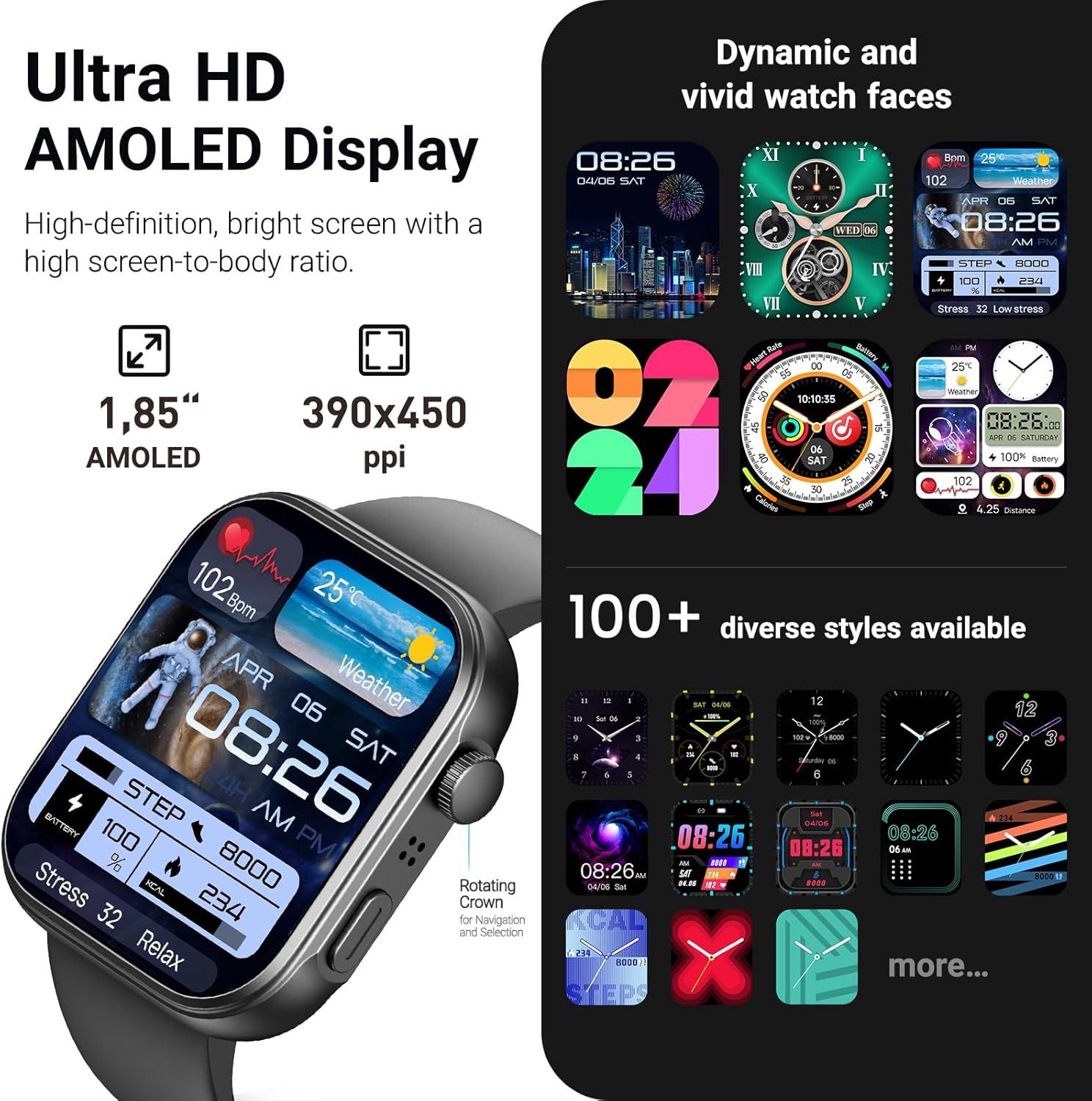 imageTOZO AMOLED S6 Smart Watch 185quot UltraClear Screen Dynamic Faces Bluetooth Call 100 Sports Modes Fitness Activity Tracker with Sleep Monitor IP68 Waterproof Black