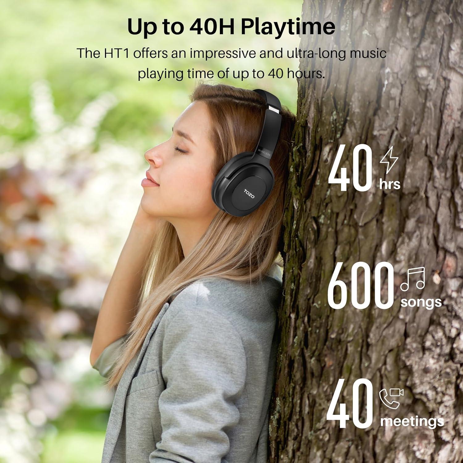 imageTOZO Hybrid Active Noise Cancelling Headphones Wireless Over Ear Bluetooth Headset 60H Playtime HiRes Audio Custom EQ via App Deep Bass Comfort Fit Ear Cups for Home Office Travel WhiteBlack