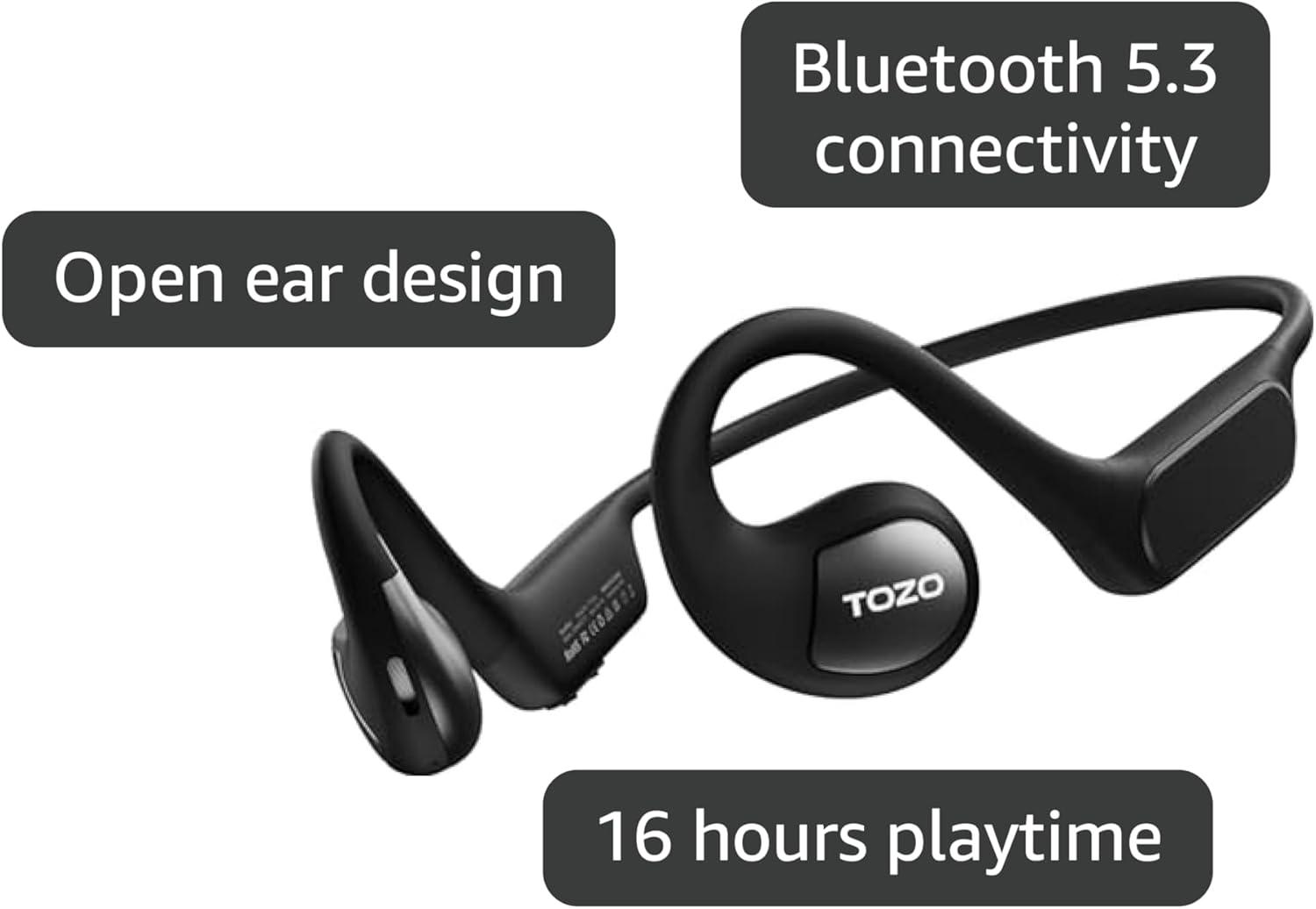 imageTOZO Upgraded Open Ear Headphones Bluetooth 53 Air Conduction Wireless Headphones Sport Earbuds with Premium Sound 32 EQs via APP DualMic Call Noise Reduction Earphones with Hair Band for CyclingDark Black