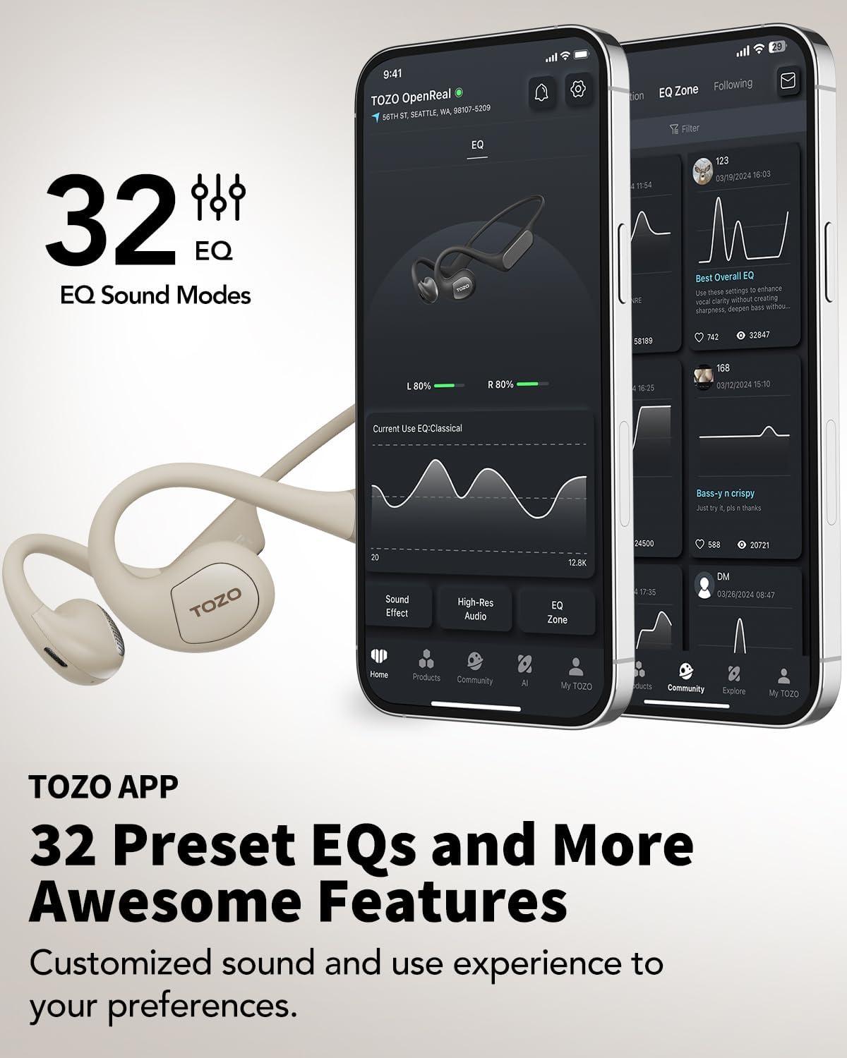 imageTOZO Upgraded Open Ear Headphones Bluetooth 53 Air Conduction Wireless Headphones Sport Earbuds with Premium Sound 32 EQs via APP DualMic Call Noise Reduction Earphones with Hair Band for CyclingKhaki