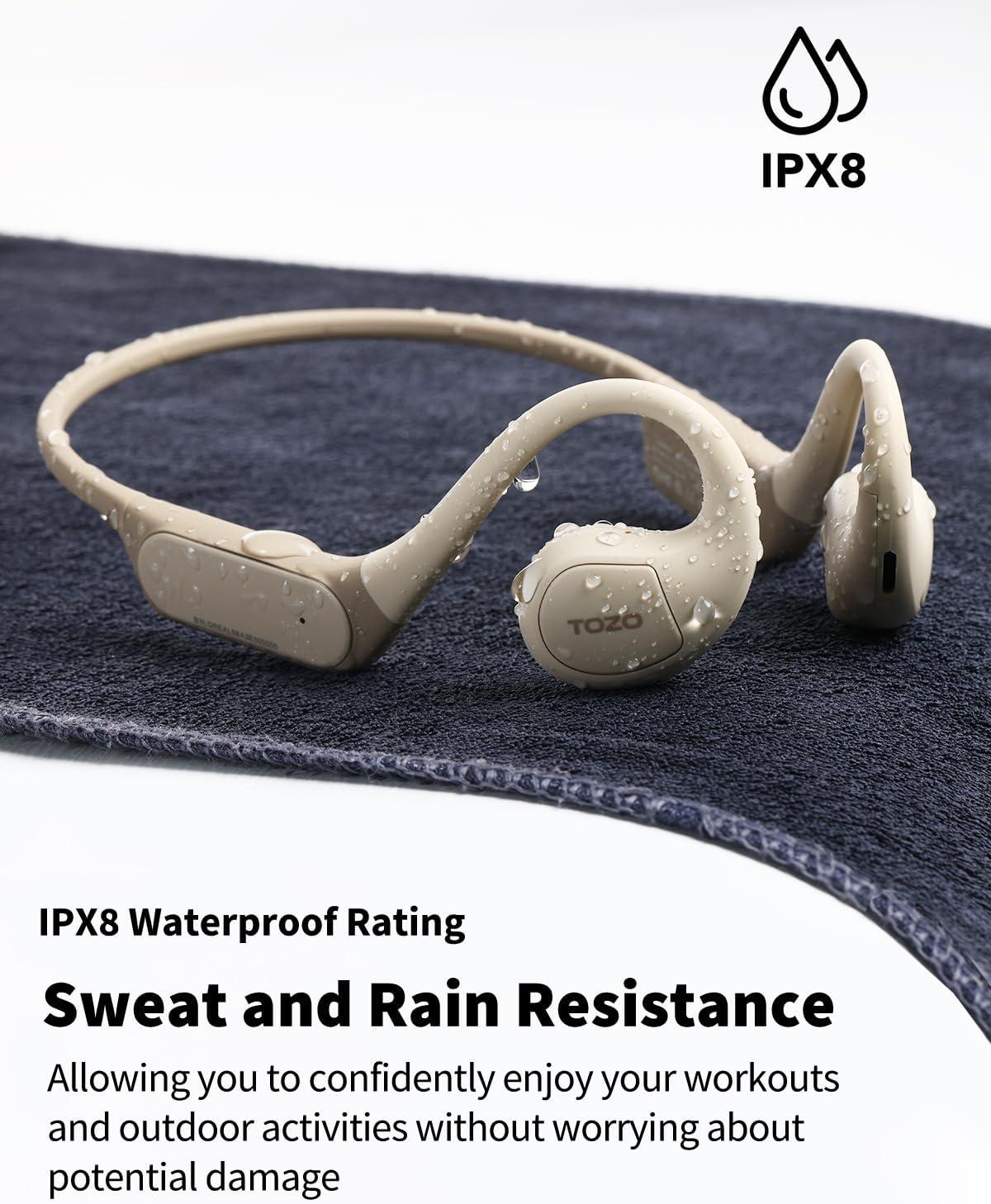 imageTOZO Upgraded Open Ear Headphones Bluetooth 53 Air Conduction Wireless Headphones Sport Earbuds with Premium Sound 32 EQs via APP DualMic Call Noise Reduction Earphones with Hair Band for CyclingKhaki