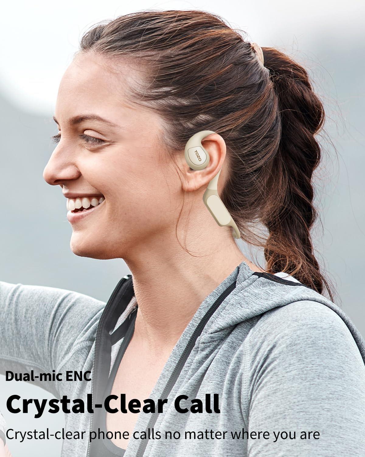 imageTOZO Upgraded Open Ear Headphones Bluetooth 53 Air Conduction Wireless Headphones Sport Earbuds with Premium Sound 32 EQs via APP DualMic Call Noise Reduction Earphones with Hair Band for CyclingKhaki