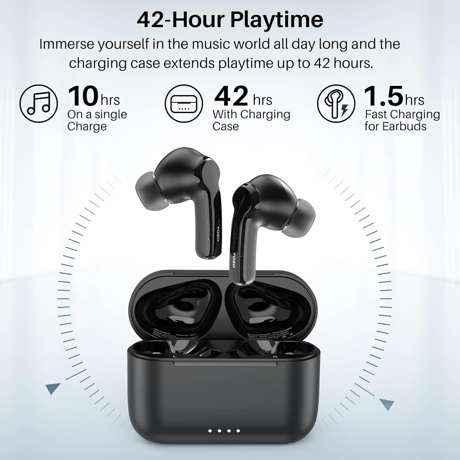 imageTOZO NC2 Hybrid Active Noise Cancelling Wireless Earbuds inEar Detection Headphones IPX6 Waterproof Bluetooth 53 Stereo Earphones Immersive Sound Premium Deep Bass Headset Matte BlackMatte Black