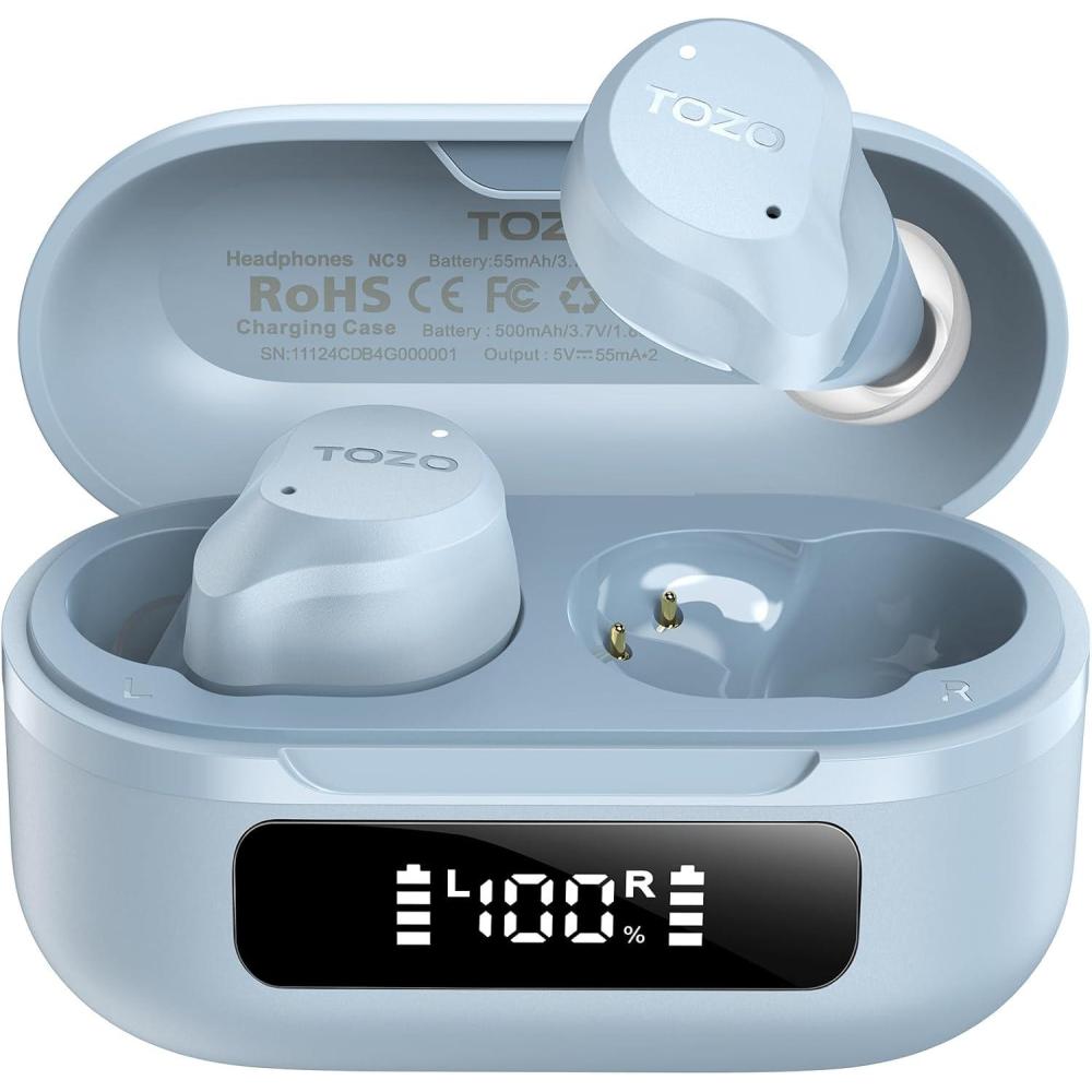 imageTOZO NC9 Hybrid Active Noise Cancelling Wireless Earbuds 6 Mics ENC Clear Call IPX8 Waterproof in Ear Bluetooth 53 Headphones Stereo Bass Ear Buds 59H Playtime with LED Display 32 EQs via APPLight Blue
