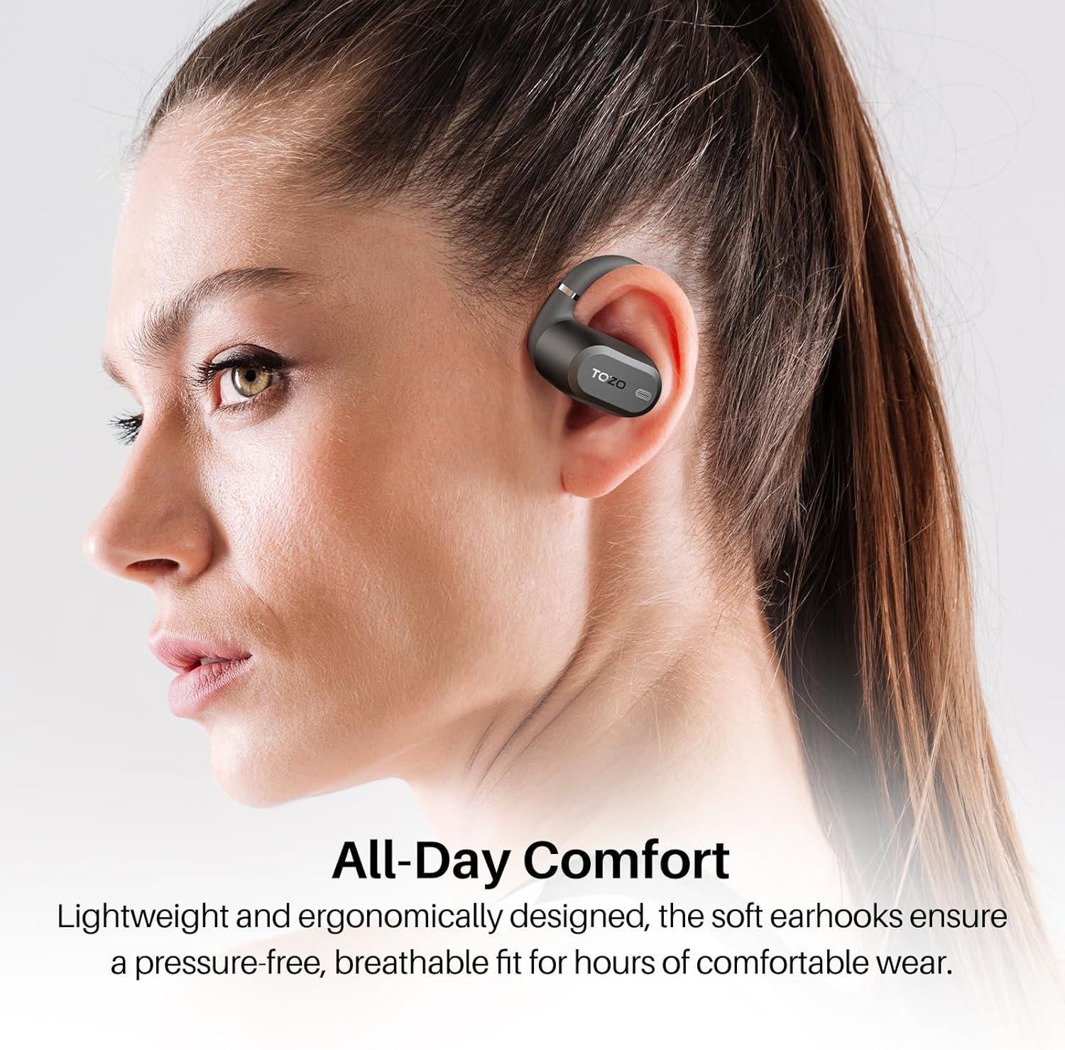 imageTOZO OpenWear Open Ear Headphones Adjustable Ear Hooks Ultra Comfort Punchy Bass Bluetooth Headphones 54 with Smart Digital Display Immersive Audio Earbuds Fast Charging for Running OfficeBlack