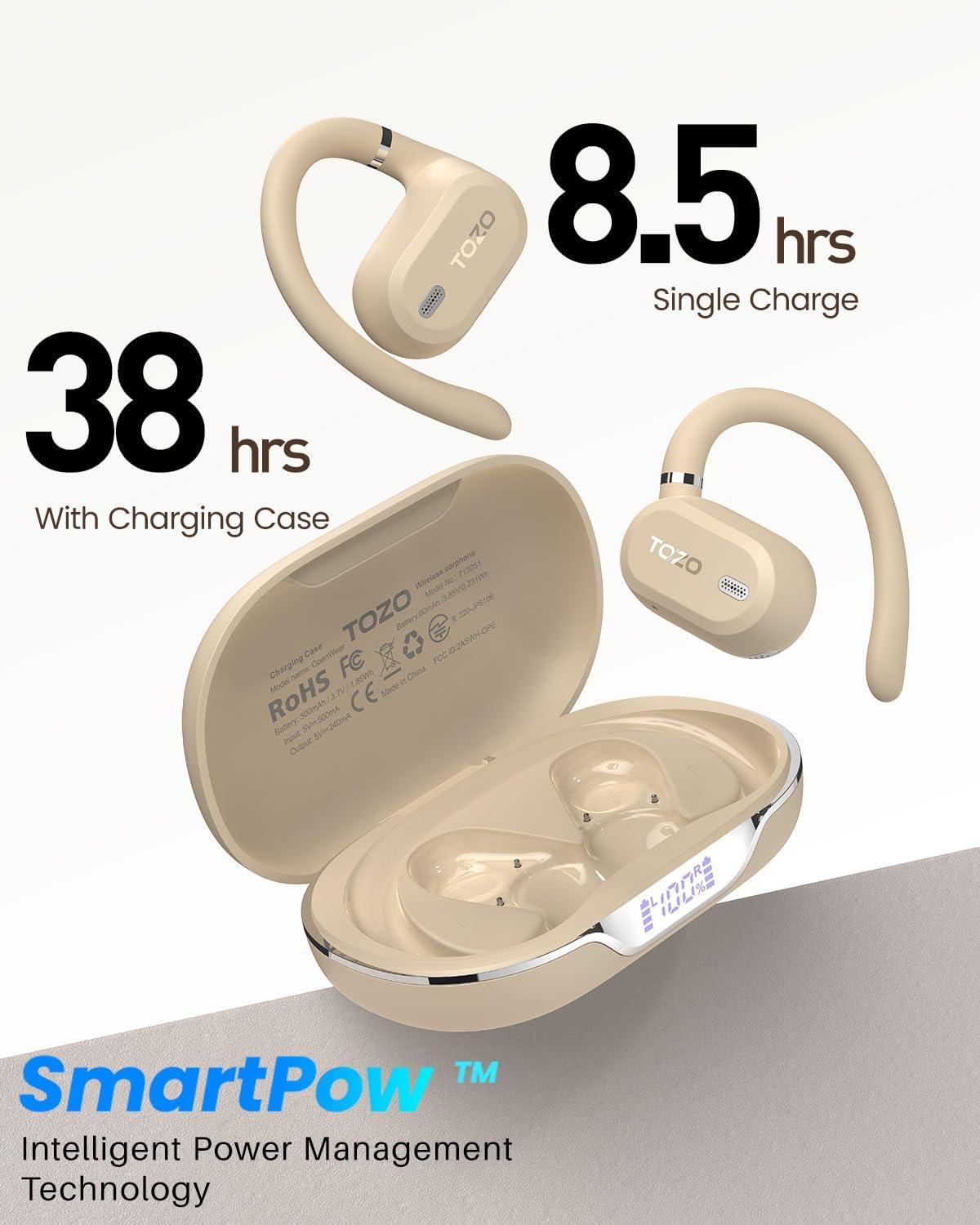 imageTOZO OpenWear Open Ear Headphones Adjustable Ear Hooks Ultra Comfort Punchy Bass Bluetooth Headphones 54 with Smart Digital Display Immersive Audio Earbuds Fast Charging for Running OfficeKhaki