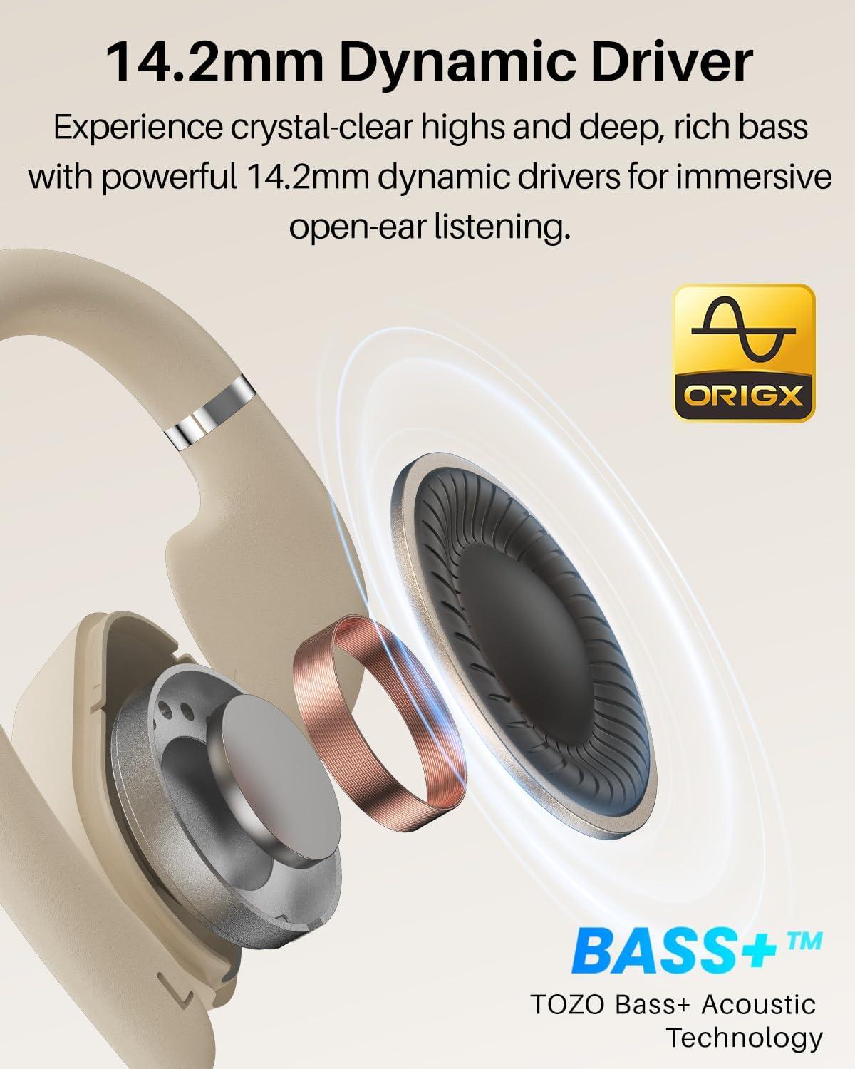 imageTOZO OpenWear Open Ear Headphones Adjustable Ear Hooks Ultra Comfort Punchy Bass Bluetooth Headphones 54 with Smart Digital Display Immersive Audio Earbuds Fast Charging for Running OfficeKhaki