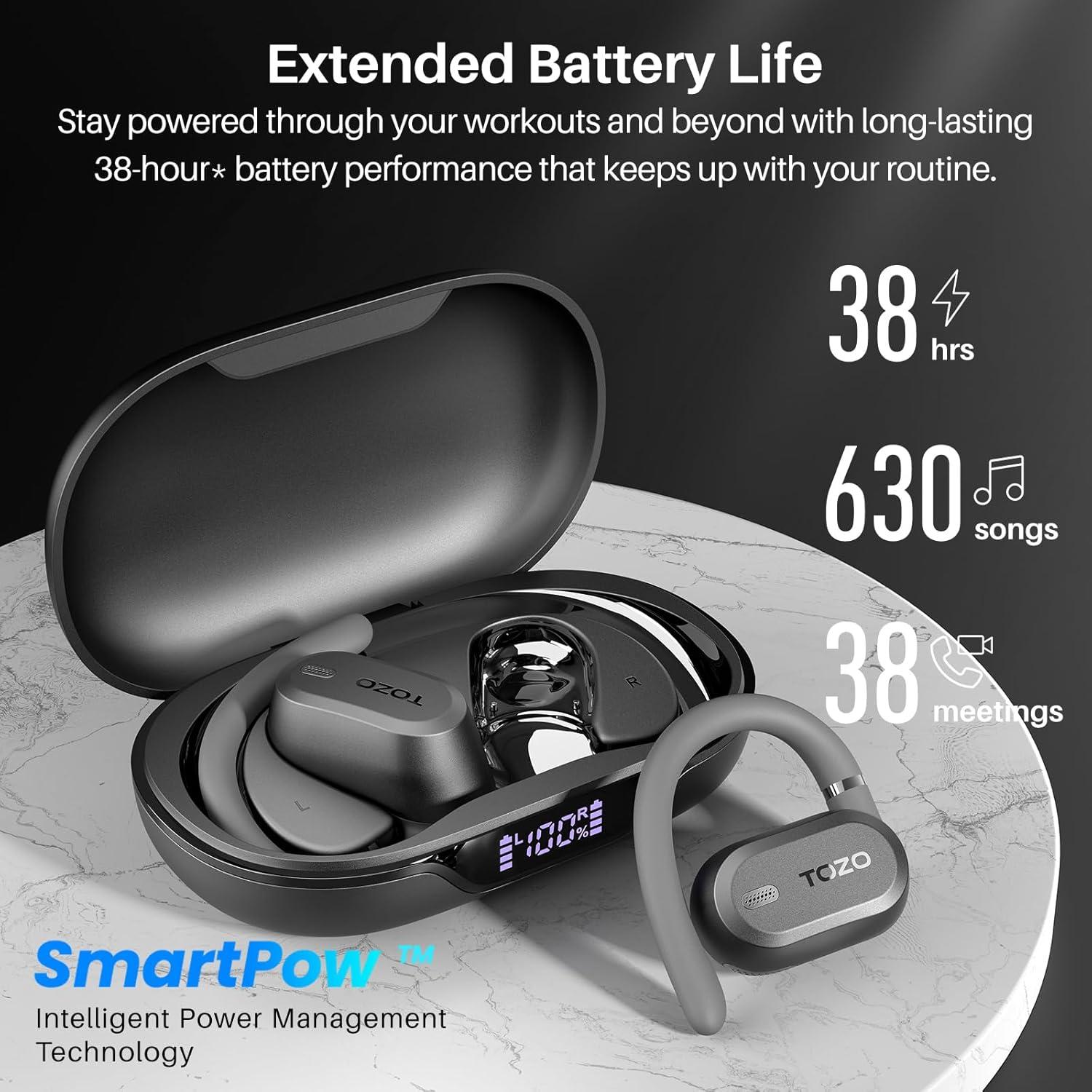 imageTOZO OpenWear Open Ear Headphones Adjustable Ear Hooks Ultra Comfort Punchy Bass Bluetooth Headphones 54 with Smart Digital Display Immersive Audio Earbuds Fast Charging for Running OfficeBlack
