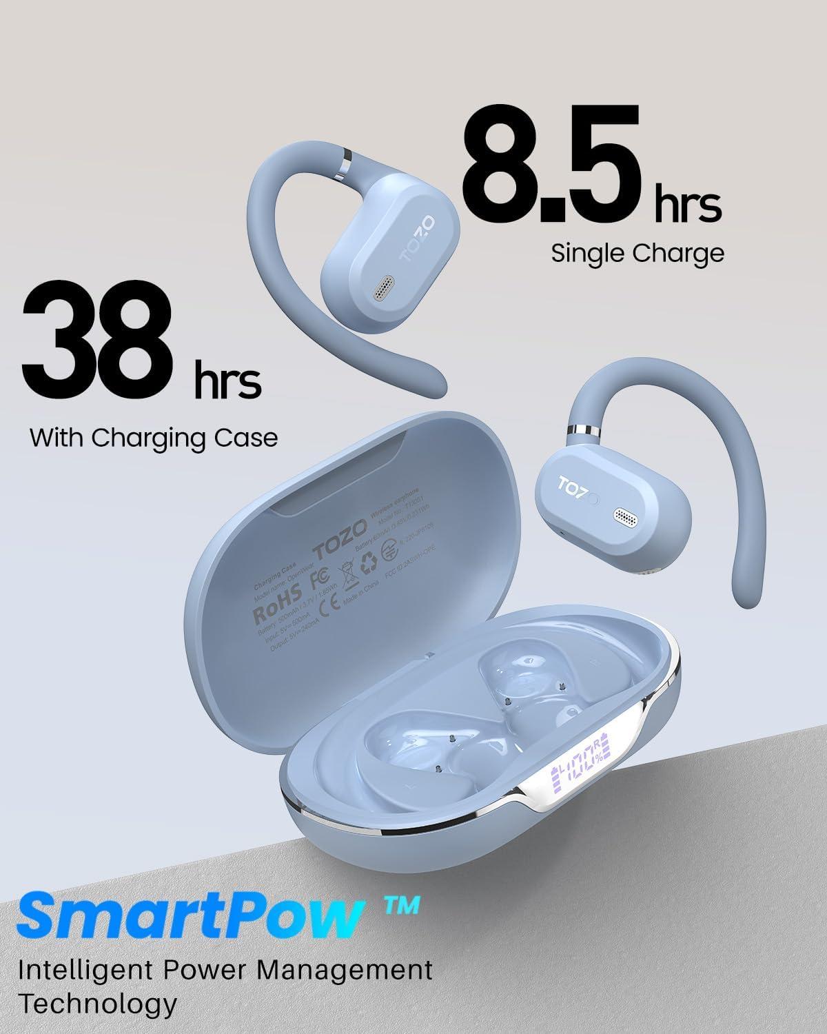 imageTOZO OpenWear Open Ear Headphones Adjustable Ear Hooks Ultra Comfort Punchy Bass Bluetooth Headphones 54 with Smart Digital Display Immersive Audio Earbuds Fast Charging for Running OfficeBlue