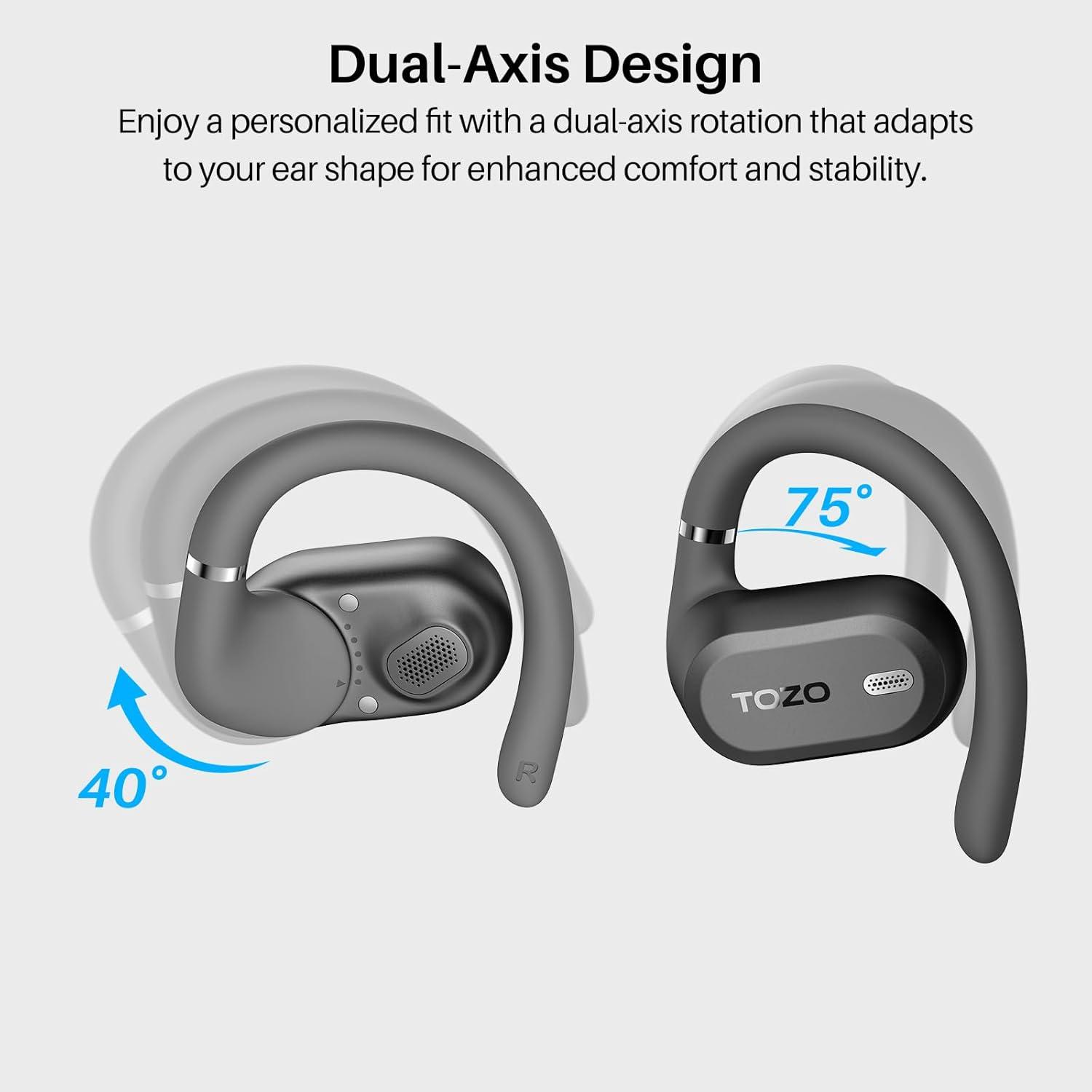 imageTOZO OpenWear Open Ear Headphones Adjustable Ear Hooks Ultra Comfort Punchy Bass Bluetooth Headphones 54 with Smart Digital Display Immersive Audio Earbuds Fast Charging for Running OfficeBlack