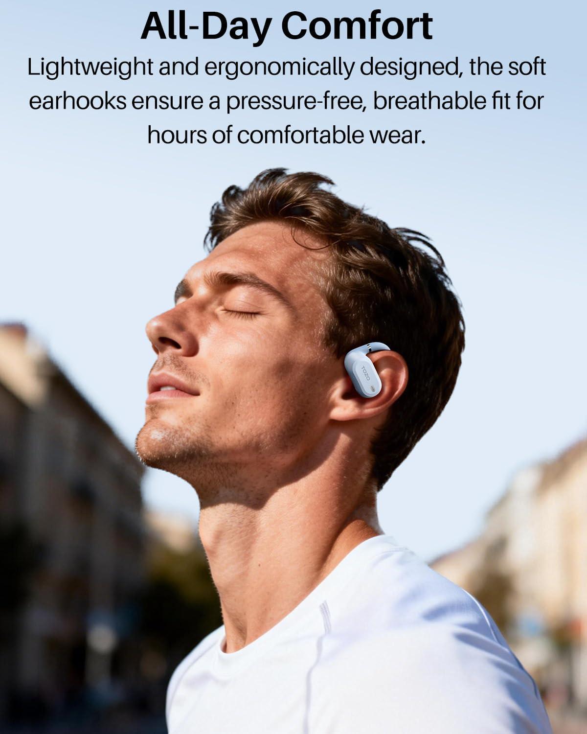 imageTOZO OpenWear Open Ear Headphones Adjustable Ear Hooks Ultra Comfort Punchy Bass Bluetooth Headphones 54 with Smart Digital Display Immersive Audio Earbuds Fast Charging for Running OfficeBlue