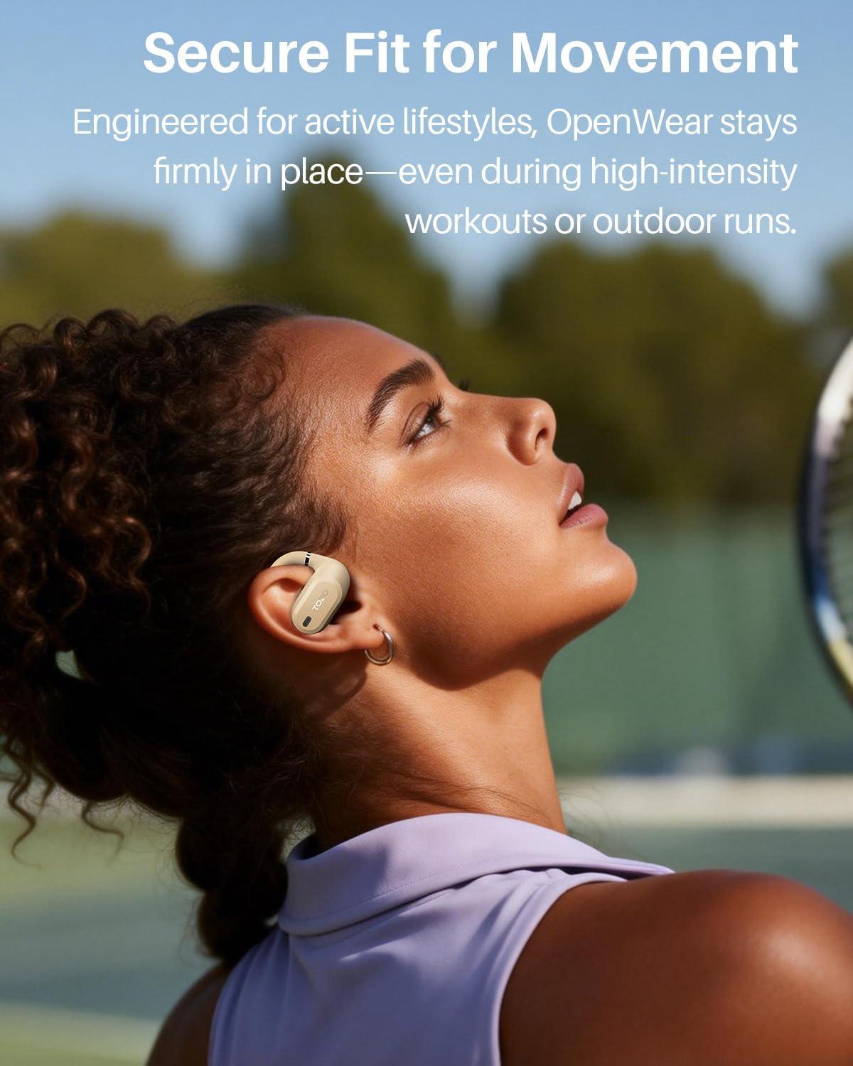 imageTOZO OpenWear Open Ear Headphones Adjustable Ear Hooks Ultra Comfort Punchy Bass Bluetooth Headphones 54 with Smart Digital Display Immersive Audio Earbuds Fast Charging for Running OfficeKhaki