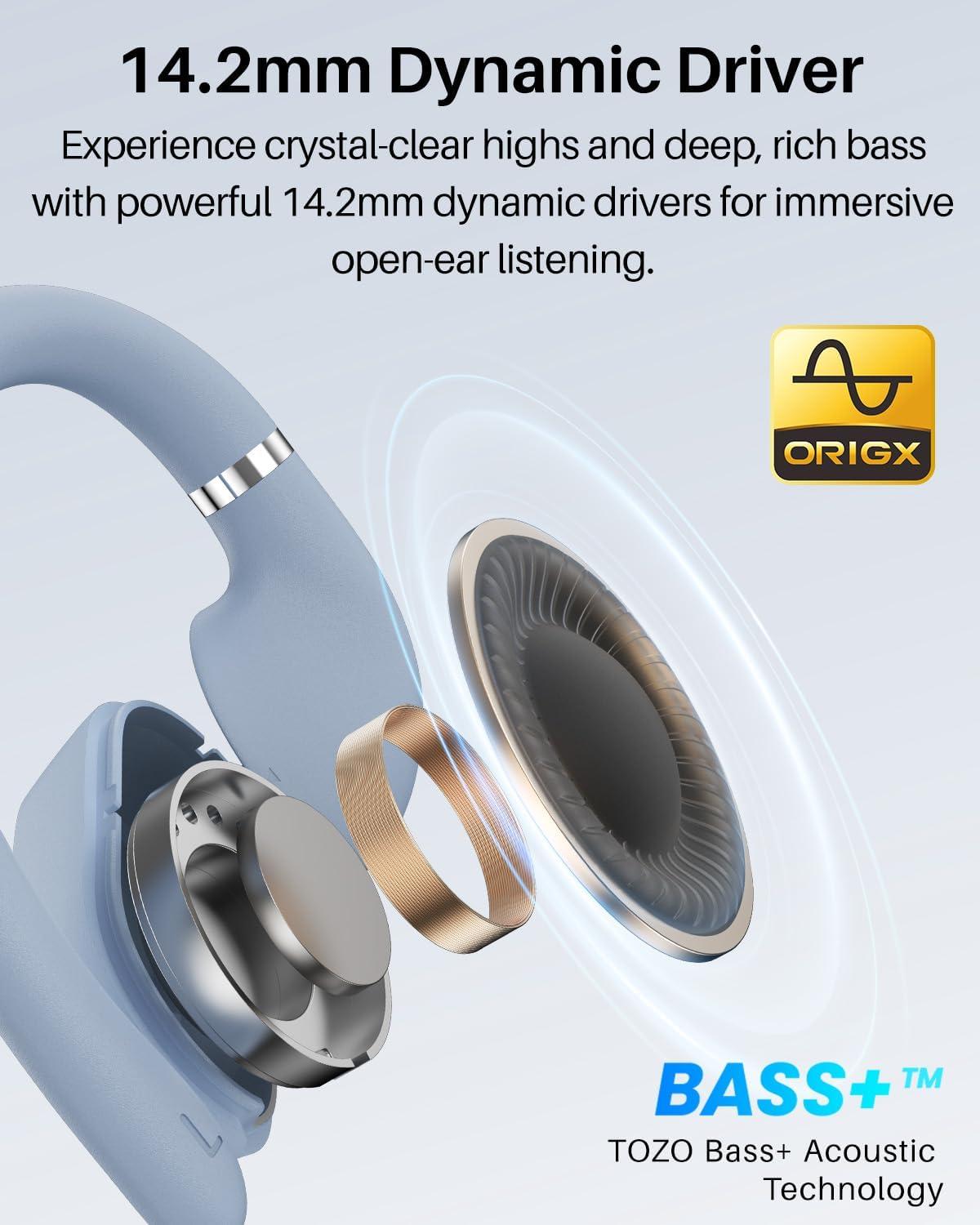 imageTOZO OpenWear Open Ear Headphones Adjustable Ear Hooks Ultra Comfort Punchy Bass Bluetooth Headphones 54 with Smart Digital Display Immersive Audio Earbuds Fast Charging for Running OfficeBlue