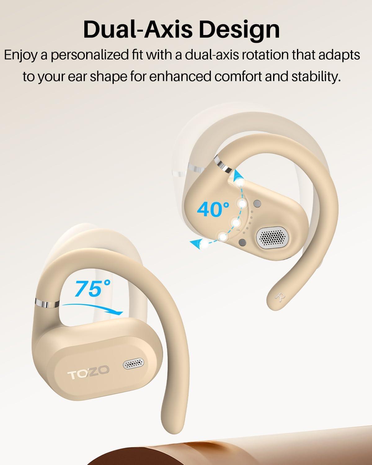 imageTOZO OpenWear Open Ear Headphones Adjustable Ear Hooks Ultra Comfort Punchy Bass Bluetooth Headphones 54 with Smart Digital Display Immersive Audio Earbuds Fast Charging for Running OfficeKhaki
