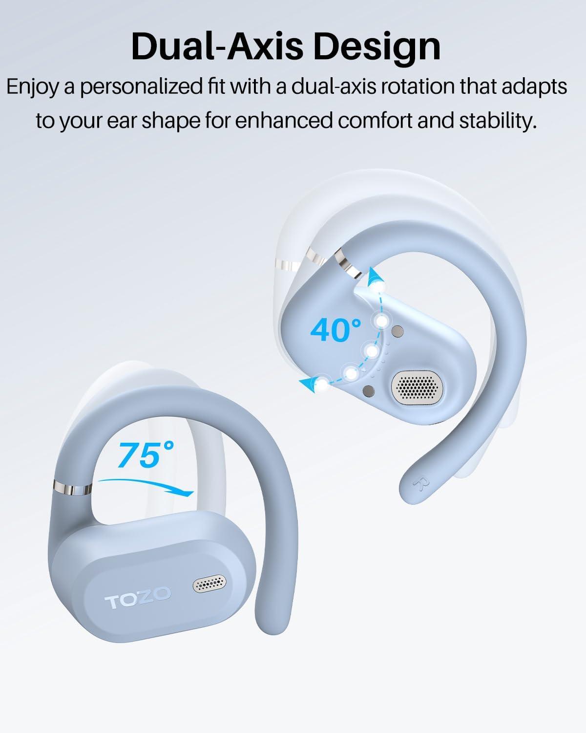 imageTOZO OpenWear Open Ear Headphones Adjustable Ear Hooks Ultra Comfort Punchy Bass Bluetooth Headphones 54 with Smart Digital Display Immersive Audio Earbuds Fast Charging for Running OfficeBlue