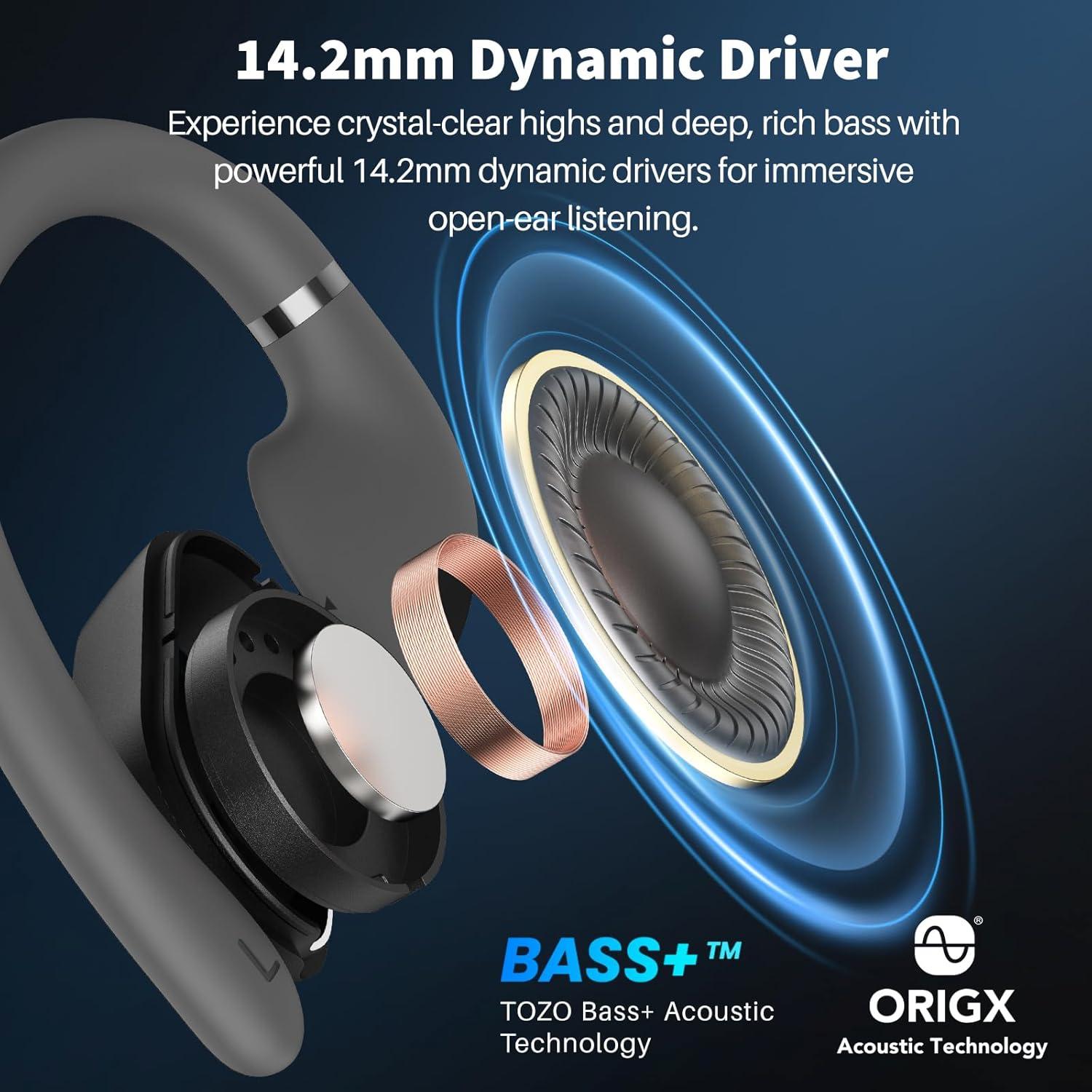 imageTOZO OpenWear Open Ear Headphones Adjustable Ear Hooks Ultra Comfort Punchy Bass Bluetooth Headphones 54 with Smart Digital Display Immersive Audio Earbuds Fast Charging for Running OfficeBlack