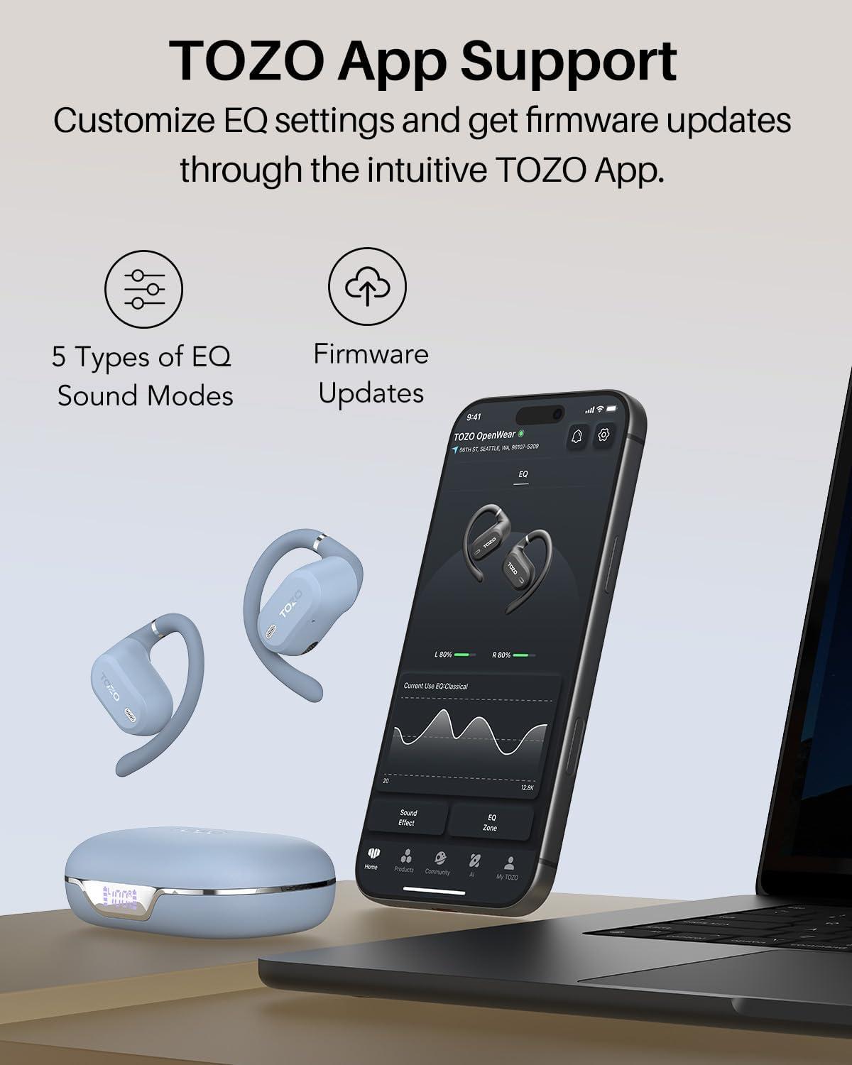 imageTOZO OpenWear Open Ear Headphones Adjustable Ear Hooks Ultra Comfort Punchy Bass Bluetooth Headphones 54 with Smart Digital Display Immersive Audio Earbuds Fast Charging for Running OfficeBlue