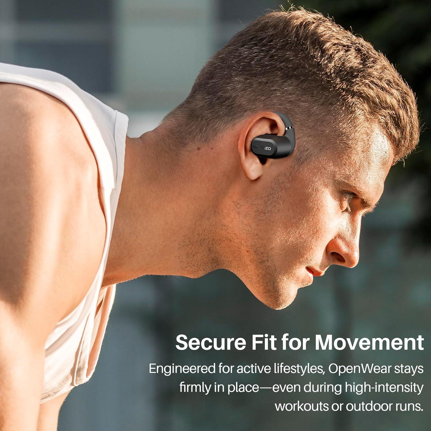 imageTOZO OpenWear Open Ear Headphones Adjustable Ear Hooks Ultra Comfort Punchy Bass Bluetooth Headphones 54 with Smart Digital Display Immersive Audio Earbuds Fast Charging for Running OfficeBlack