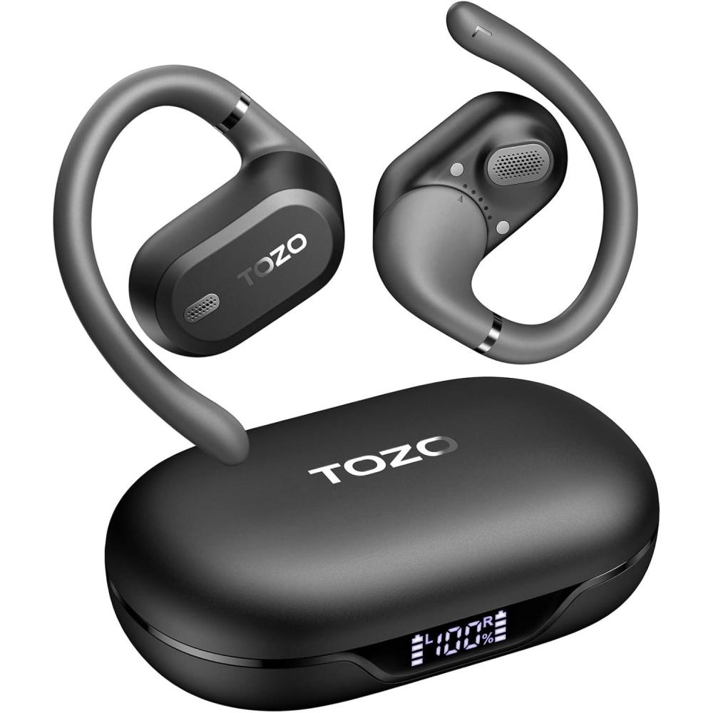 imageTOZO OpenWear Open Ear Headphones Adjustable Ear Hooks Ultra Comfort Punchy Bass Bluetooth Headphones 54 with Smart Digital Display Immersive Audio Earbuds Fast Charging for Running OfficeBlack