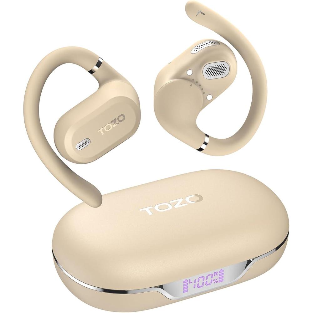 imageTOZO OpenWear Open Ear Headphones Adjustable Ear Hooks Ultra Comfort Punchy Bass Bluetooth Headphones 54 with Smart Digital Display Immersive Audio Earbuds Fast Charging for Running OfficeKhaki