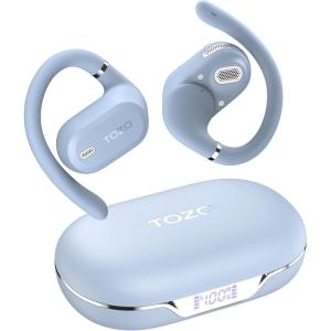 TOZO OpenWear Open Ear Headphones, Adjustable Ear Hooks, Ultra Comfort, Punchy Bass Bluetooth Headphones 5.4 with Smart Digital Display, Immersive Audio Earbuds, Fast Charging for Running, Office(Blue)