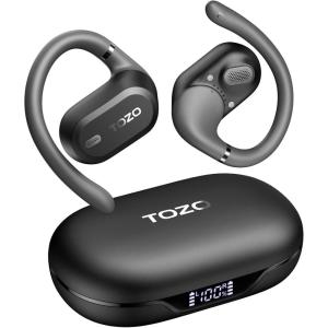 TOZO OpenWear Open Ear Headphones, Adjustable Ear Hooks, Ultra Comfort, Punchy Bass Bluetooth Headphones 5.4 with Smart Digital Display, Immersive Audio Earbuds, Fast Charging for Running, Office(Black)
