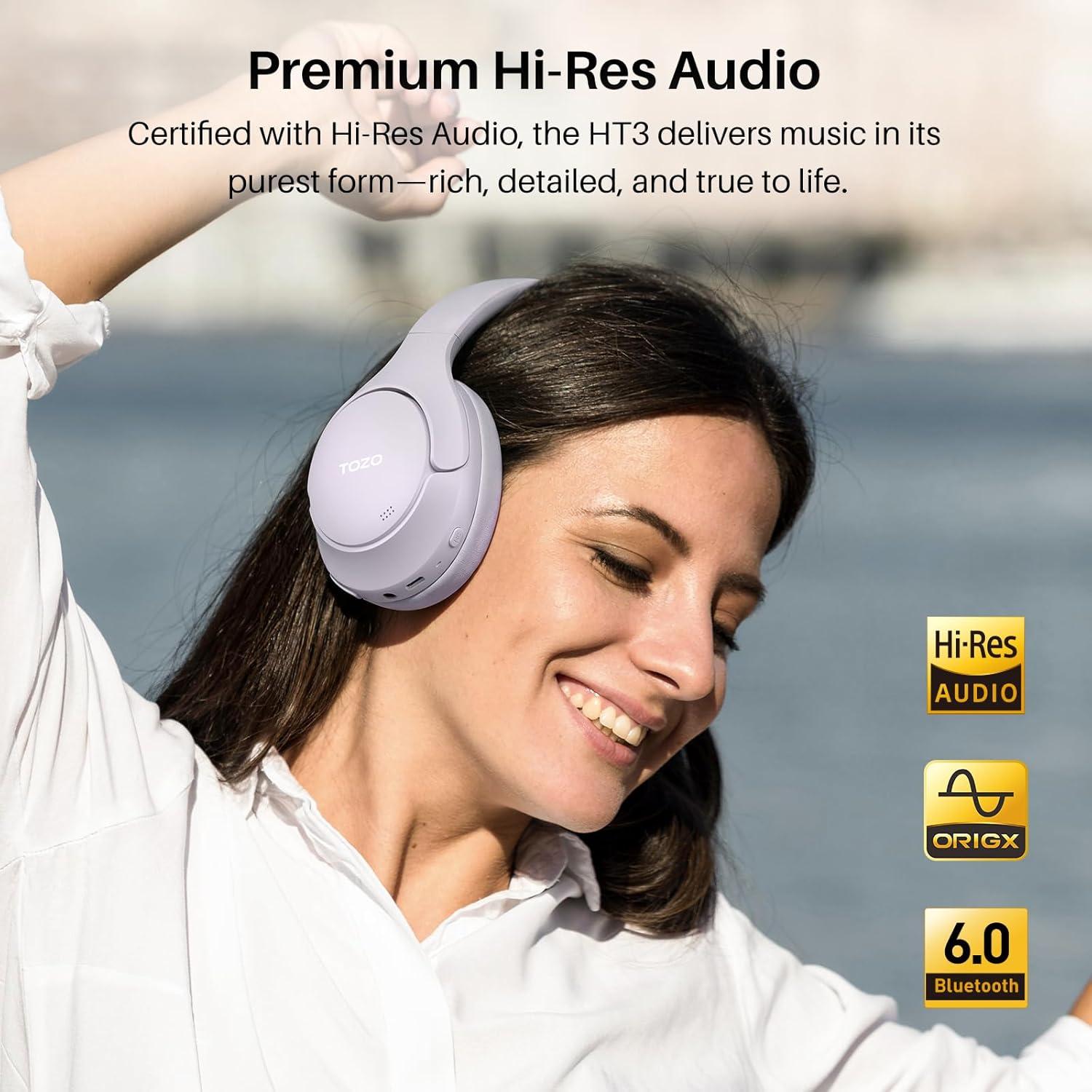 imageTOZO HT3 Hybrid Noise Cancelling Headphones 90H Playtime Wireless Over Ear Bluetooth Headset Spatial Audio AI Chat with 5 Mics Supports Dual Connection and USBC Input with 32 EQ Music ModesLight Purple