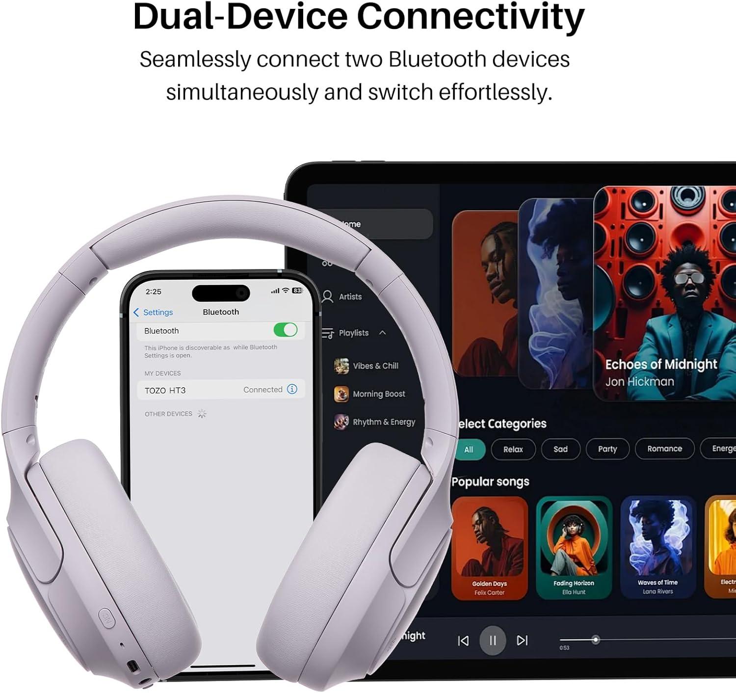 imageTOZO HT3 Hybrid Noise Cancelling Headphones 90H Playtime Wireless Over Ear Bluetooth Headset Spatial Audio AI Chat with 5 Mics Supports Dual Connection and USBC Input with 32 EQ Music ModesLight Purple