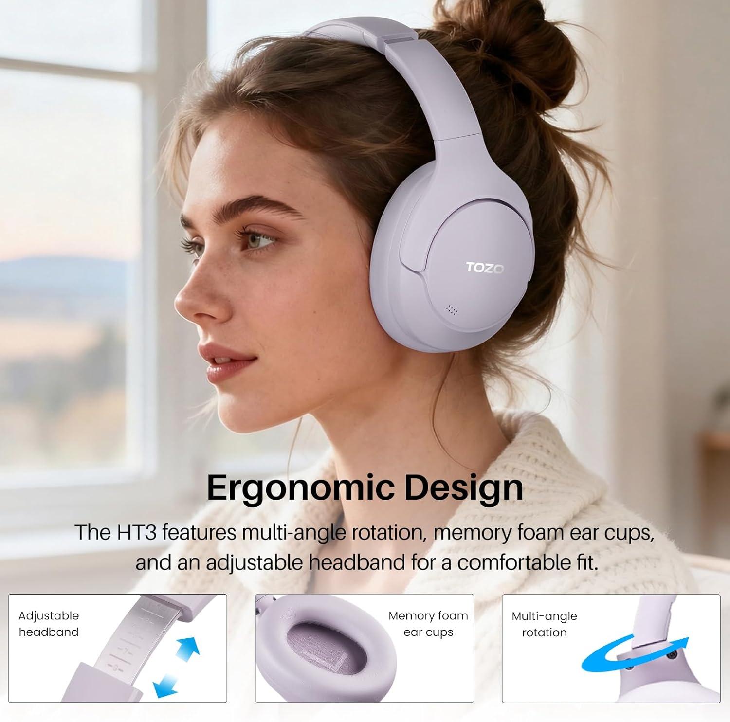 imageTOZO HT3 Hybrid Noise Cancelling Headphones 90H Playtime Wireless Over Ear Bluetooth Headset Spatial Audio AI Chat with 5 Mics Supports Dual Connection and USBC Input with 32 EQ Music ModesLight Purple