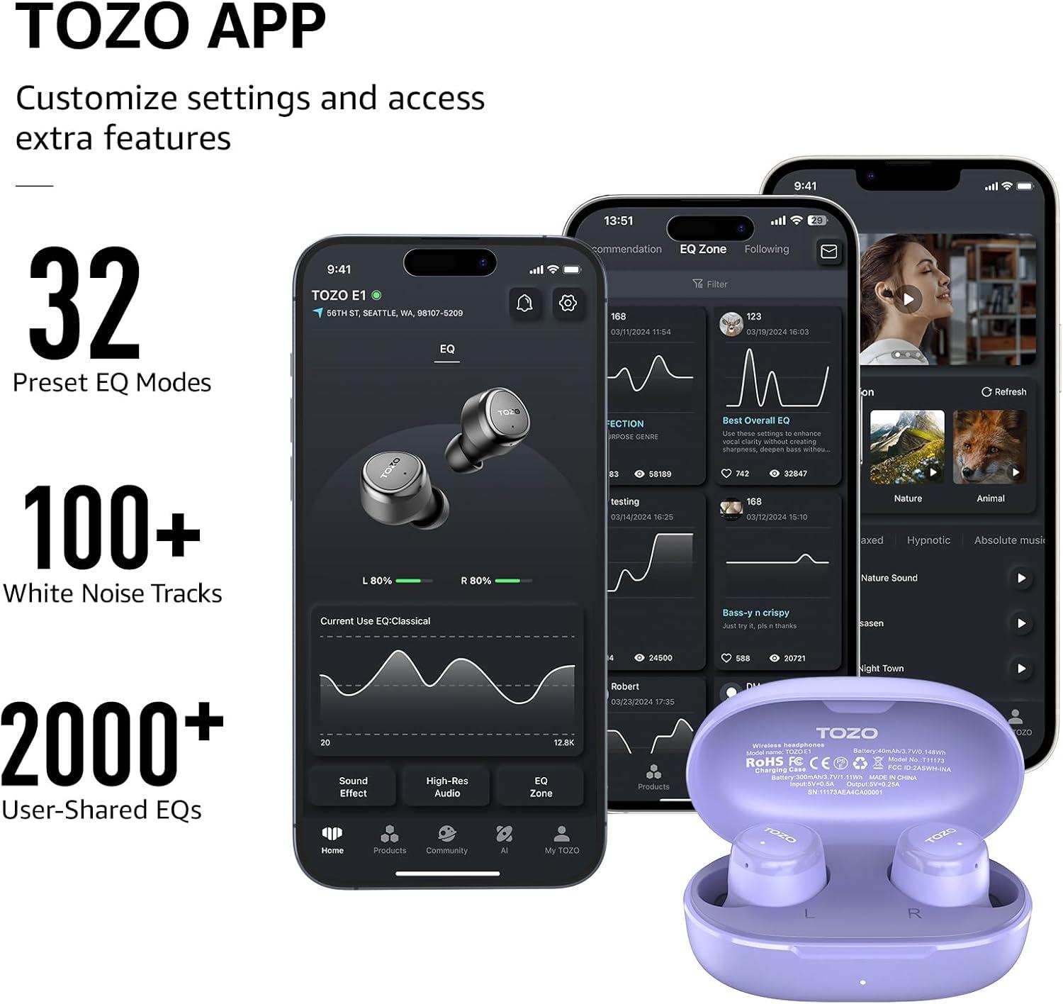 imageTOZO Wireless Earbuds Build in Mic Clear Calls Ergonomic Light Weight Bluetooth 53 in Ear Headphones Waterproof Premium Stereo Sound Ear Buds 30H Playtime with 32 EQs via APPPurple