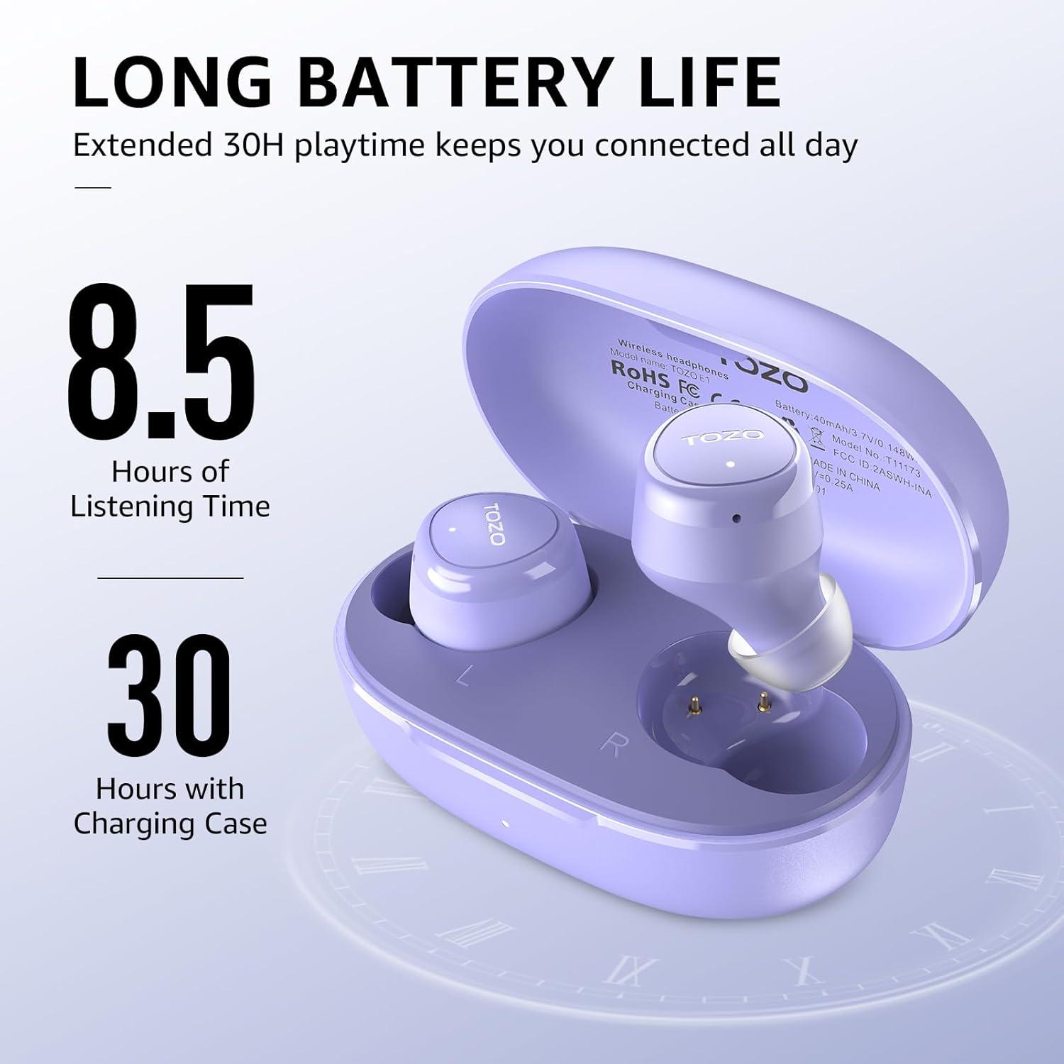 imageTOZO Wireless Earbuds Build in Mic Clear Calls Ergonomic Light Weight Bluetooth 53 in Ear Headphones Waterproof Premium Stereo Sound Ear Buds 30H Playtime with 32 EQs via APPPurple