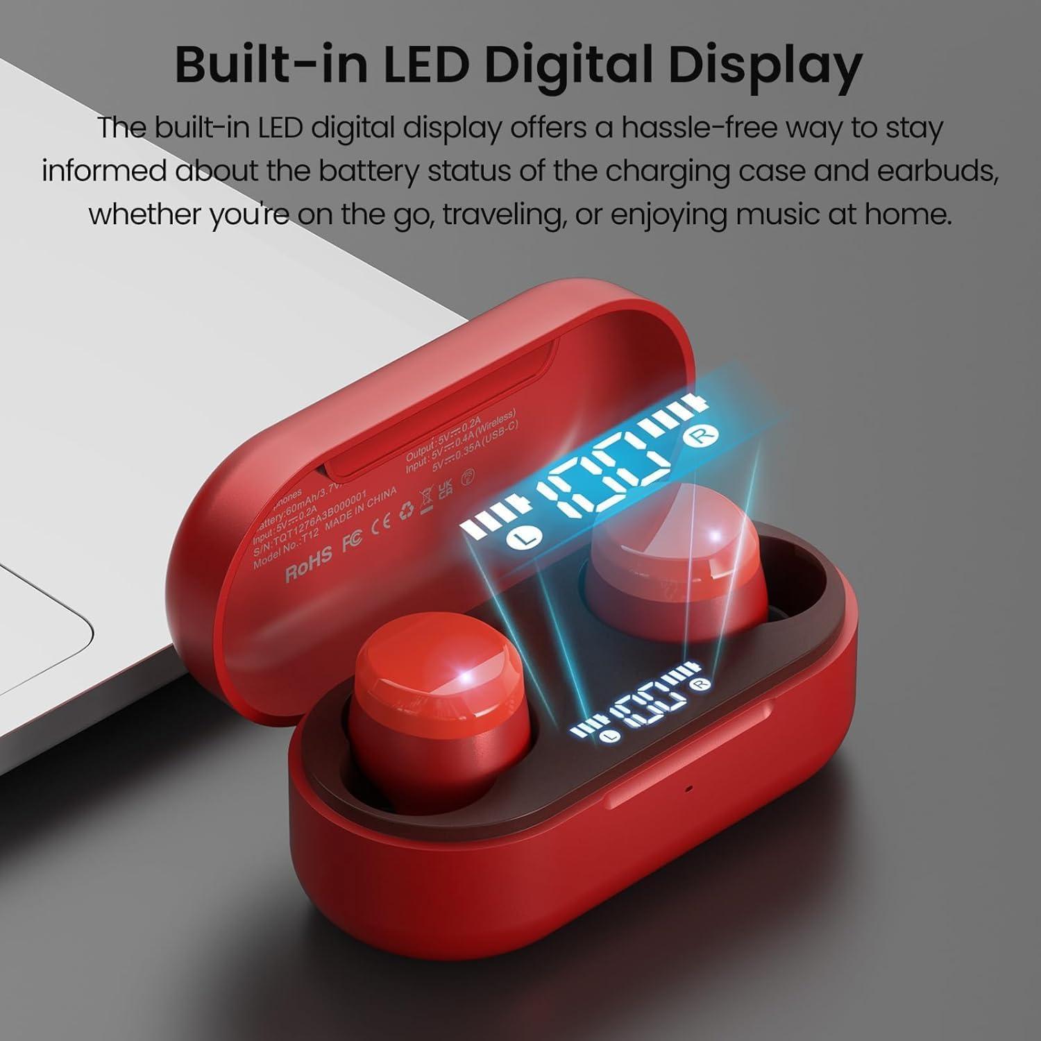 imageTOZO Wireless Earbuds Build in Mic Clear Calls Ergonomic Light Weight Bluetooth 53 in Ear Headphones Waterproof Premium Stereo Sound Ear Buds 30H Playtime with 32 EQs via APPDark Red