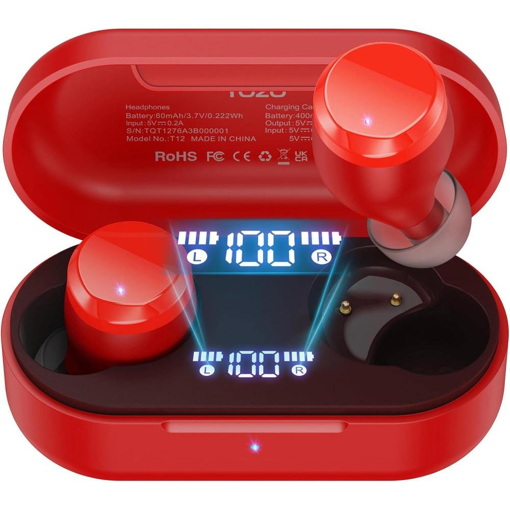 imageTOZO Wireless Earbuds Build in Mic Clear Calls Ergonomic Light Weight Bluetooth 53 in Ear Headphones Waterproof Premium Stereo Sound Ear Buds 30H Playtime with 32 EQs via APPDark Red
