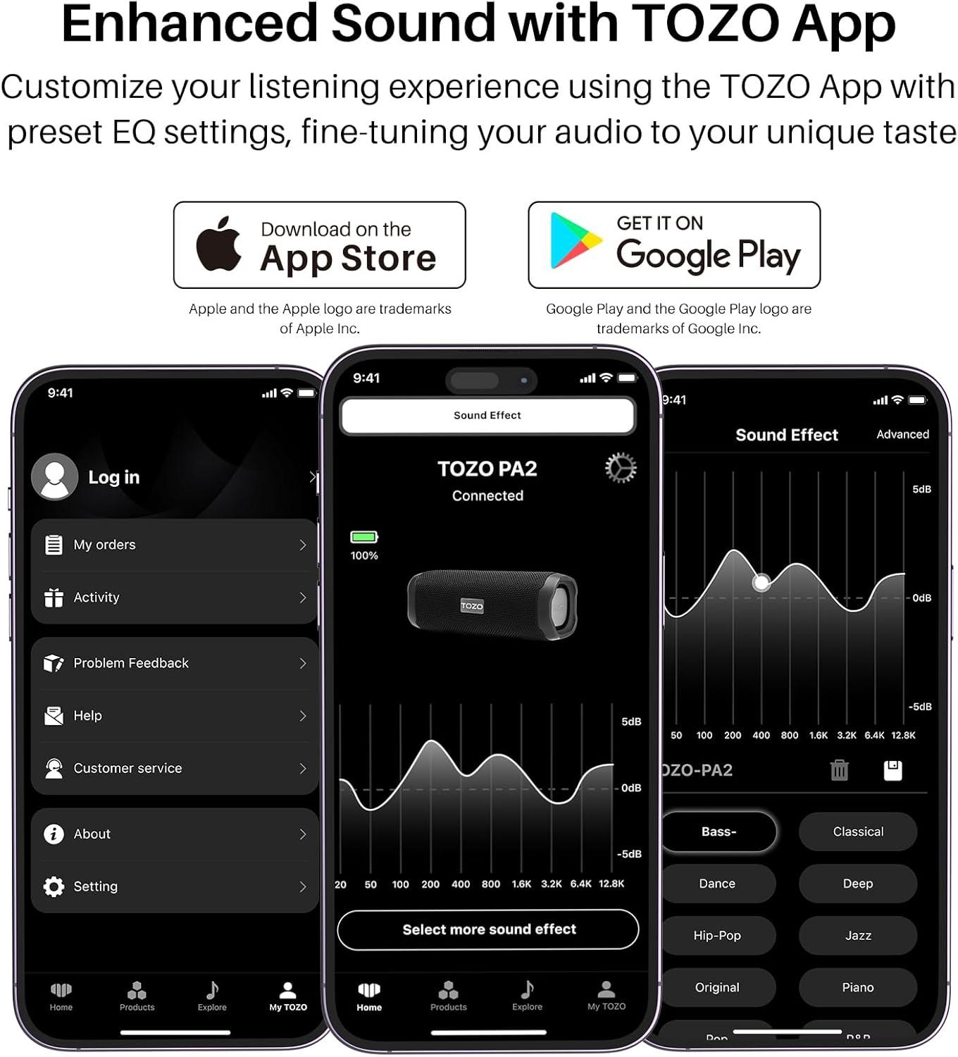 imageTOZO PA2 Bluetooth Speaker with Dual Drivers amp Dual Bass Diaphragms Deep Bass Loud Stereo Sound 25H Playtime Custom EQ App Portable Wireless Speaker for Home Outdoors Travel BlackBlack