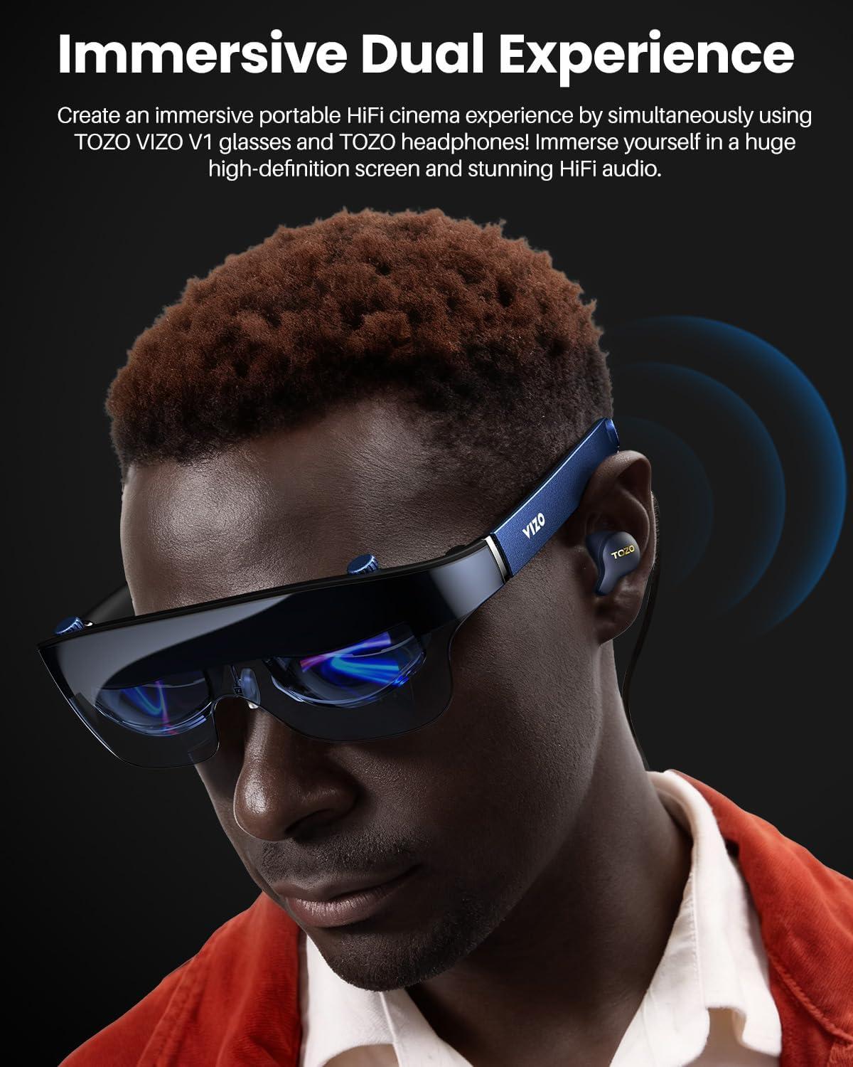 imageTOZO VIZO V1 AR Glasses with UltraBright Display Builtin Stereo Speakers Adjustable Myopia Correction 0500 118 Virtual Mega Screen 2D3D Mode Switching Compatible for iPhoneMacPCRoyal Blue