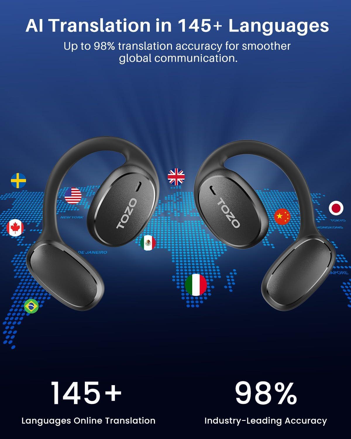imageTOZO RealTime AI Translation Earbuds 80H Playtime Translator Ear Buds Digital Display AI Clear Calls Comfortable Wear Open Ear Earbuds AI Bluetooth Headphone for Travel Meeting Learning BlackBlack