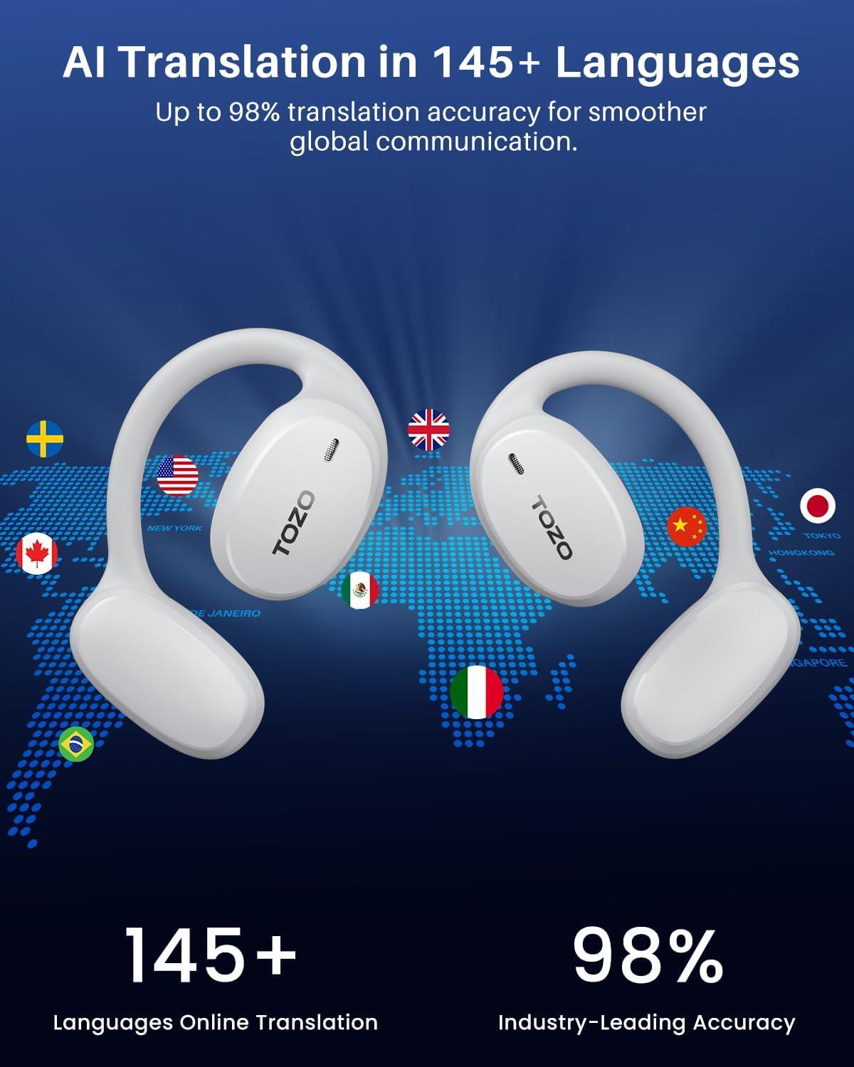 imageTOZO RealTime AI Translation Earbuds 80H Playtime Translator Ear Buds Digital Display AI Clear Calls Comfortable Wear Open Ear Earbuds AI Bluetooth Headphone for Travel Meeting Learning BlackWhite